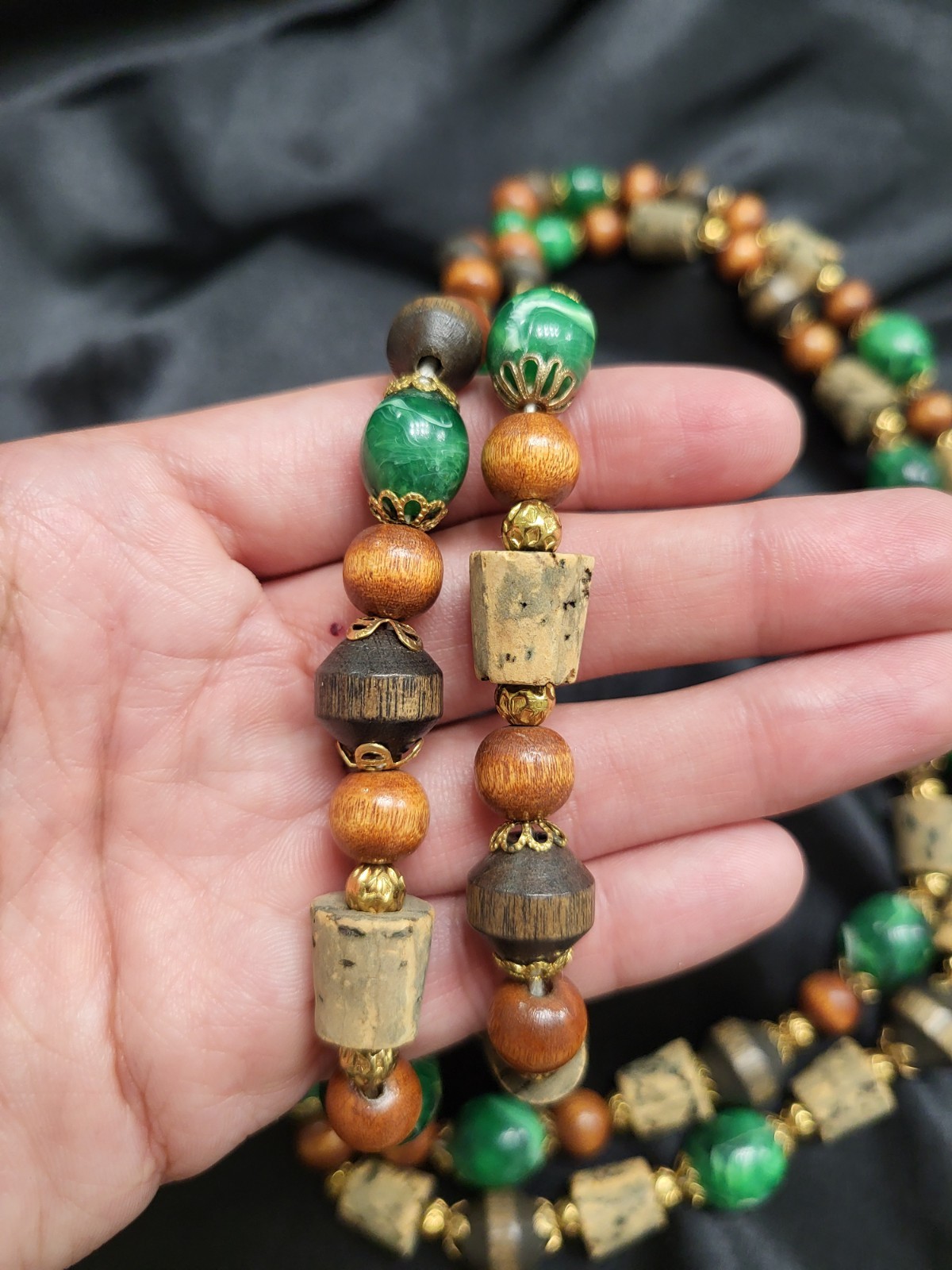 Vintage Multi Strand Beaded Necklace Wood Faux Malachite Cork Boho Statement