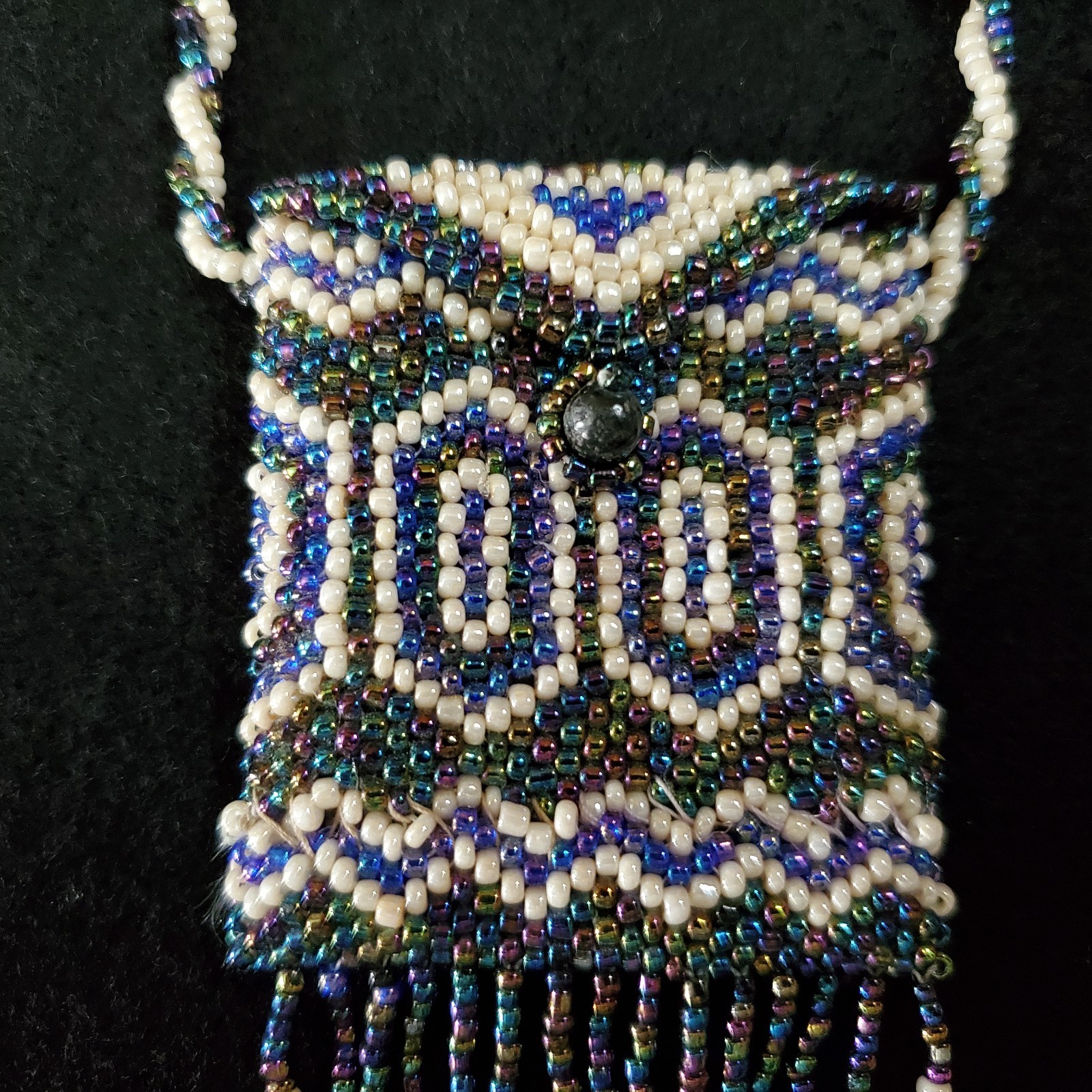 Vintage Mini Purse Necklace Seed Beaded Coin Pouch Artisan Oil Slick 24″ READ