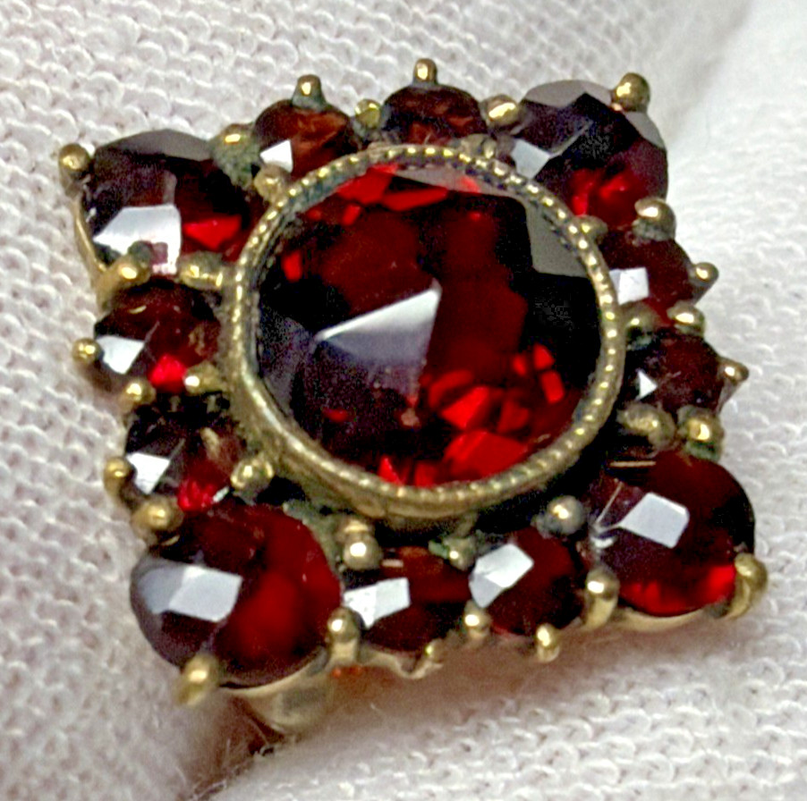 Victorian Red Garnet Star Snowflake Cluster Germany Brooch Pin Screw Earrings