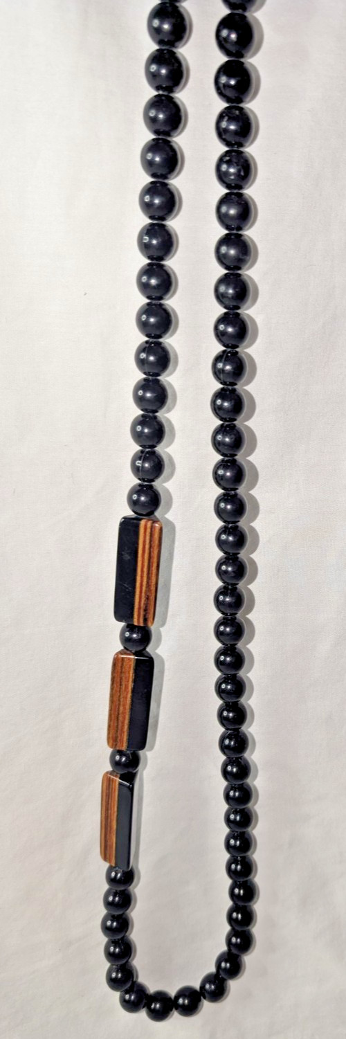 Vintage Lucite and Wood Statement Beaded Necklace Black Brown Laminated Triangle
