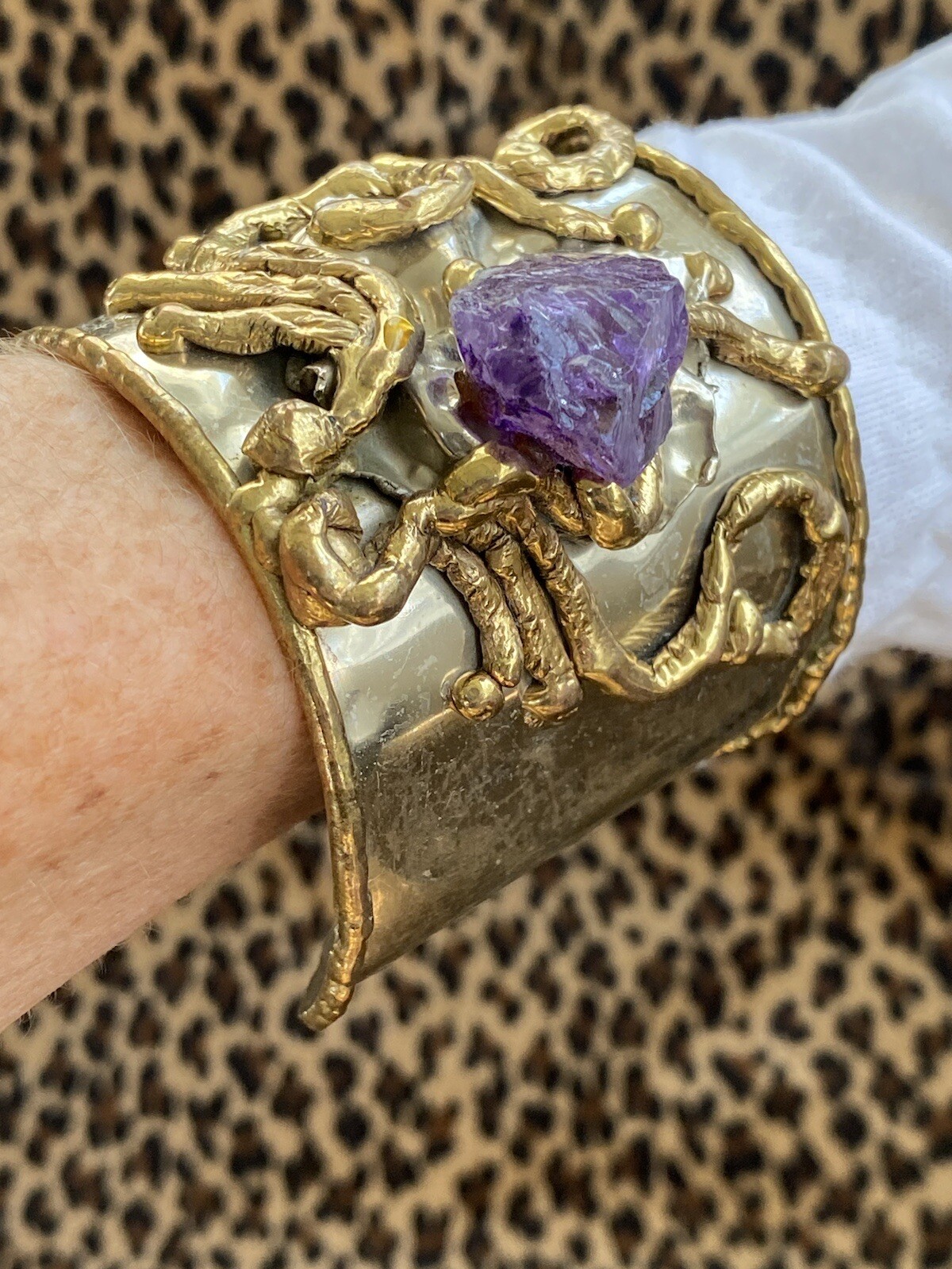 Vintage COPA COLLECTION Huge Chunky Brutalist Modernist Cuff Bracelet Amethyst