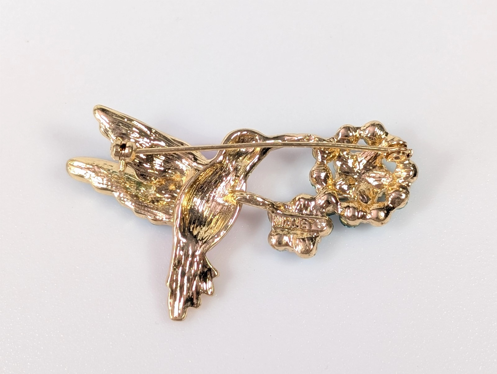 Vtg Signed MONET Vivid Blue Green Candy Pink Hummingbird Bird Flower Brooch Pin