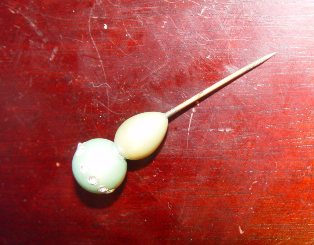 Vintage Art Deco Stick Pin Pale Green Orb Rhinestone Teardrop Lapel Pin 2.25″