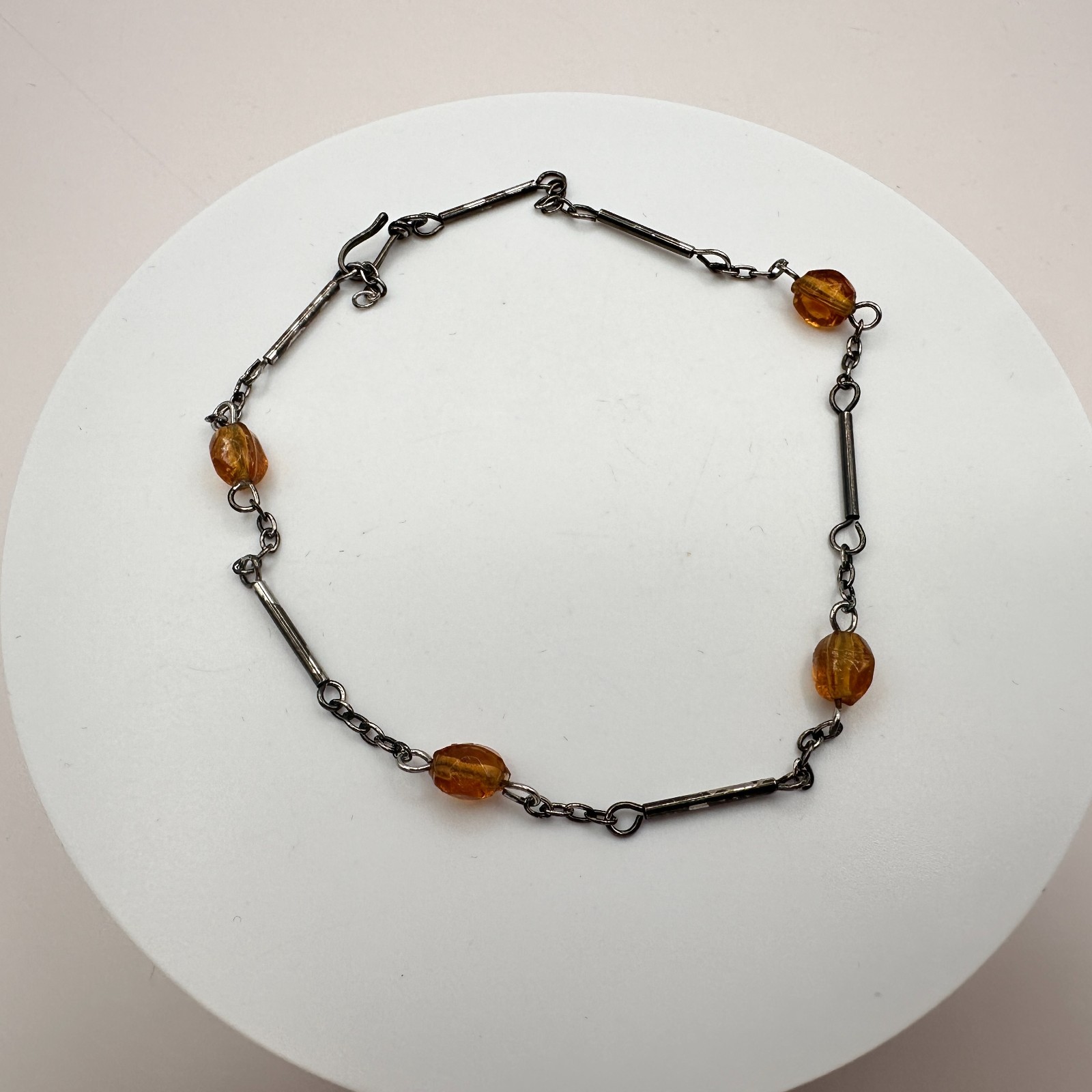 Vintage 90s Amber Beaded Bar Link Chain Bracelet Bronze Tone Women’s Jewelry