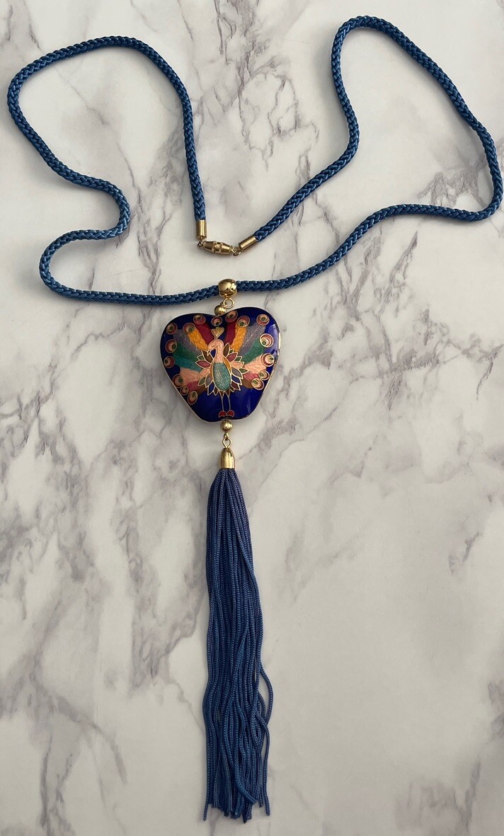 Blue Cloisonne Double Sided Peacock Pendant Necklace Tassel MM-39