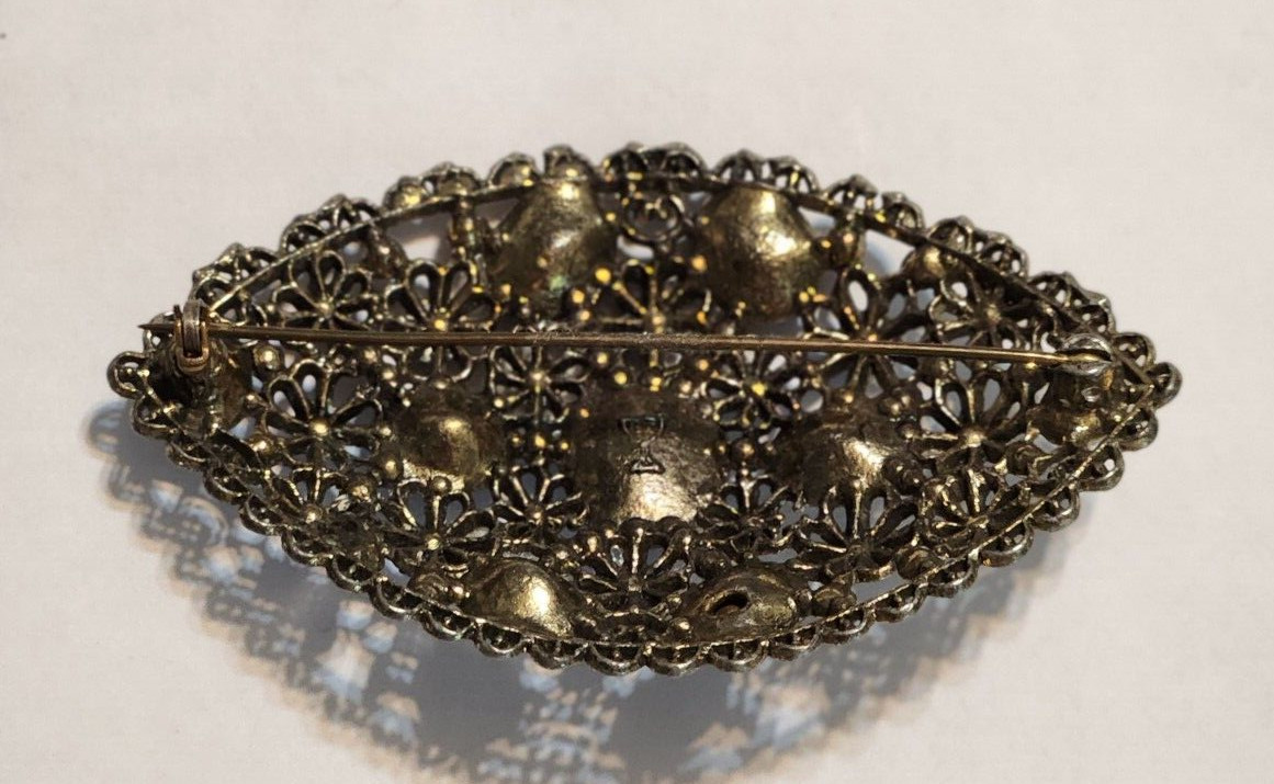 Vintage New England Glass Works Czech Filigree MultiColored Gemstones Pin Brooch