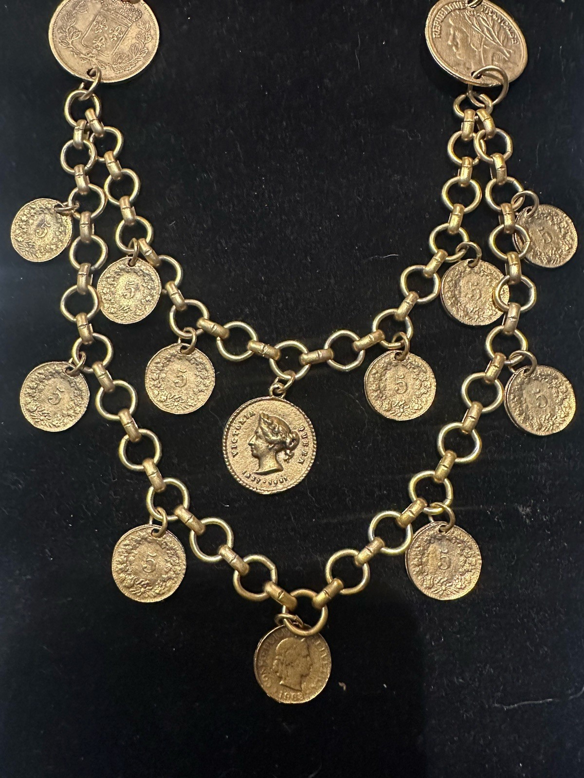Vintage Coin Necklace Yochi New York 24 Kt Gold Plated Double Strand Link Signed