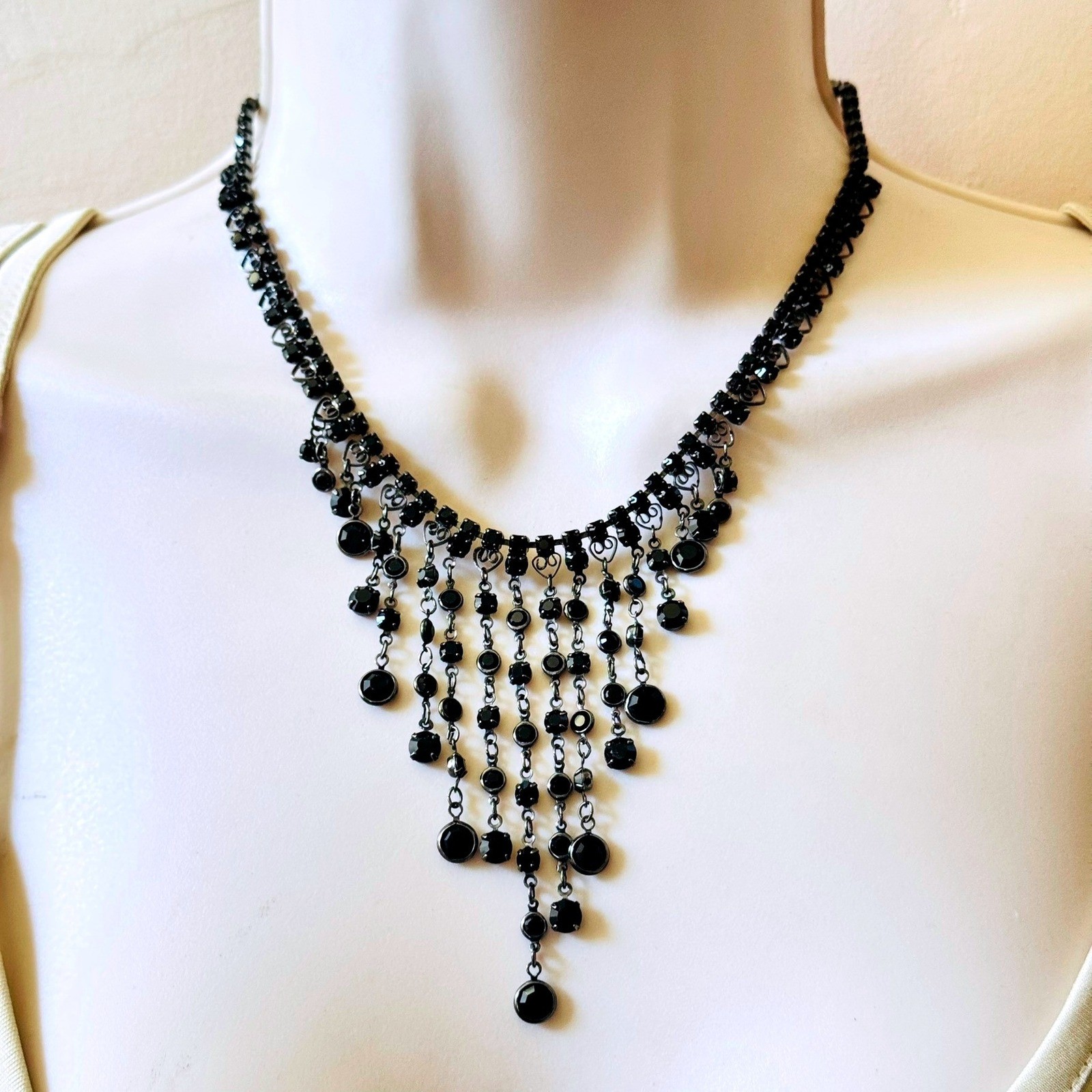 VTG Victorian Goth Style Black Glass Necklace Brass Waterfall Cascade Open Bezel