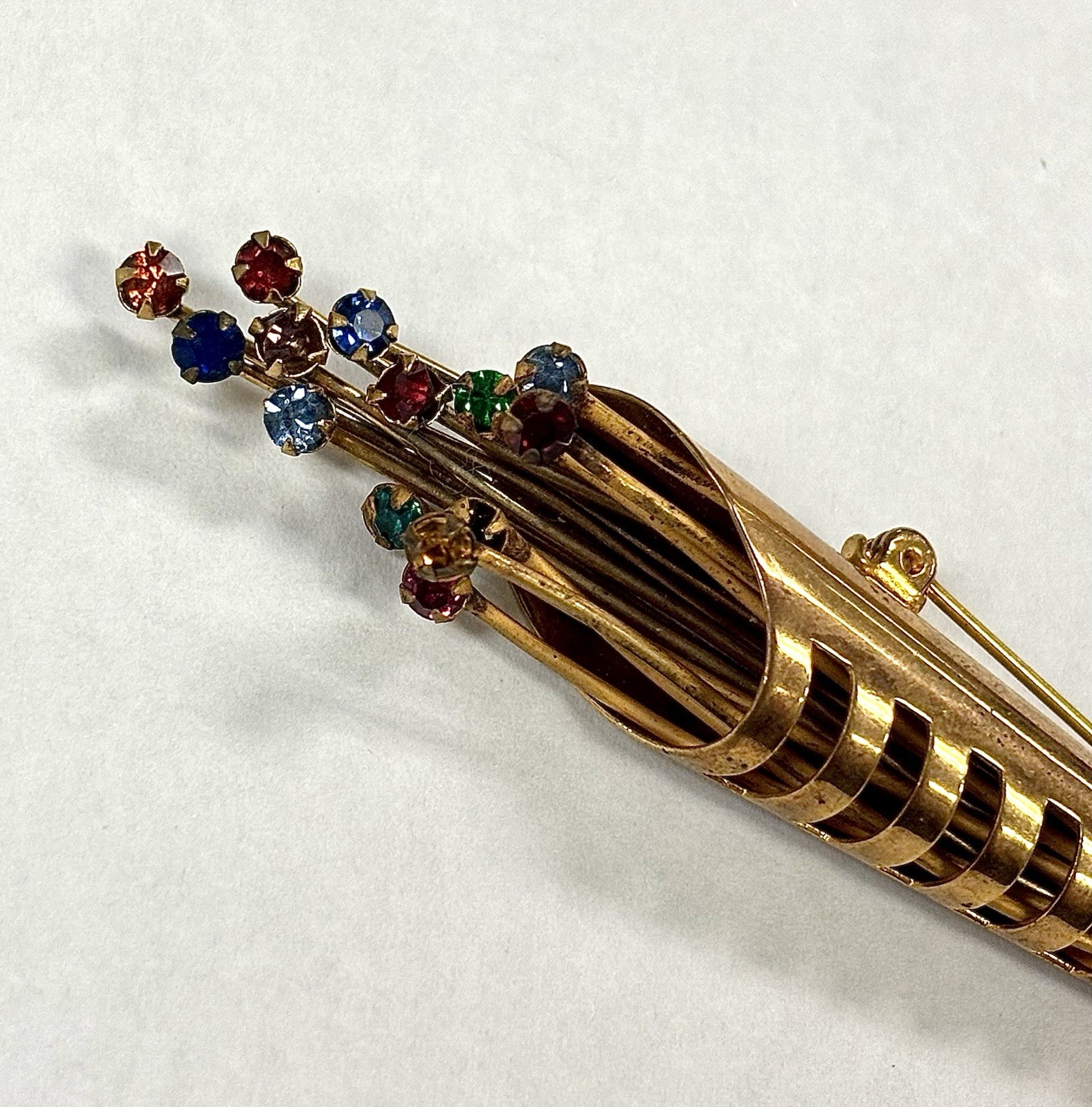 Vintage Rhinestone Flower Bouquet Brooch Wrapped Floral Design Gold Tone Pin