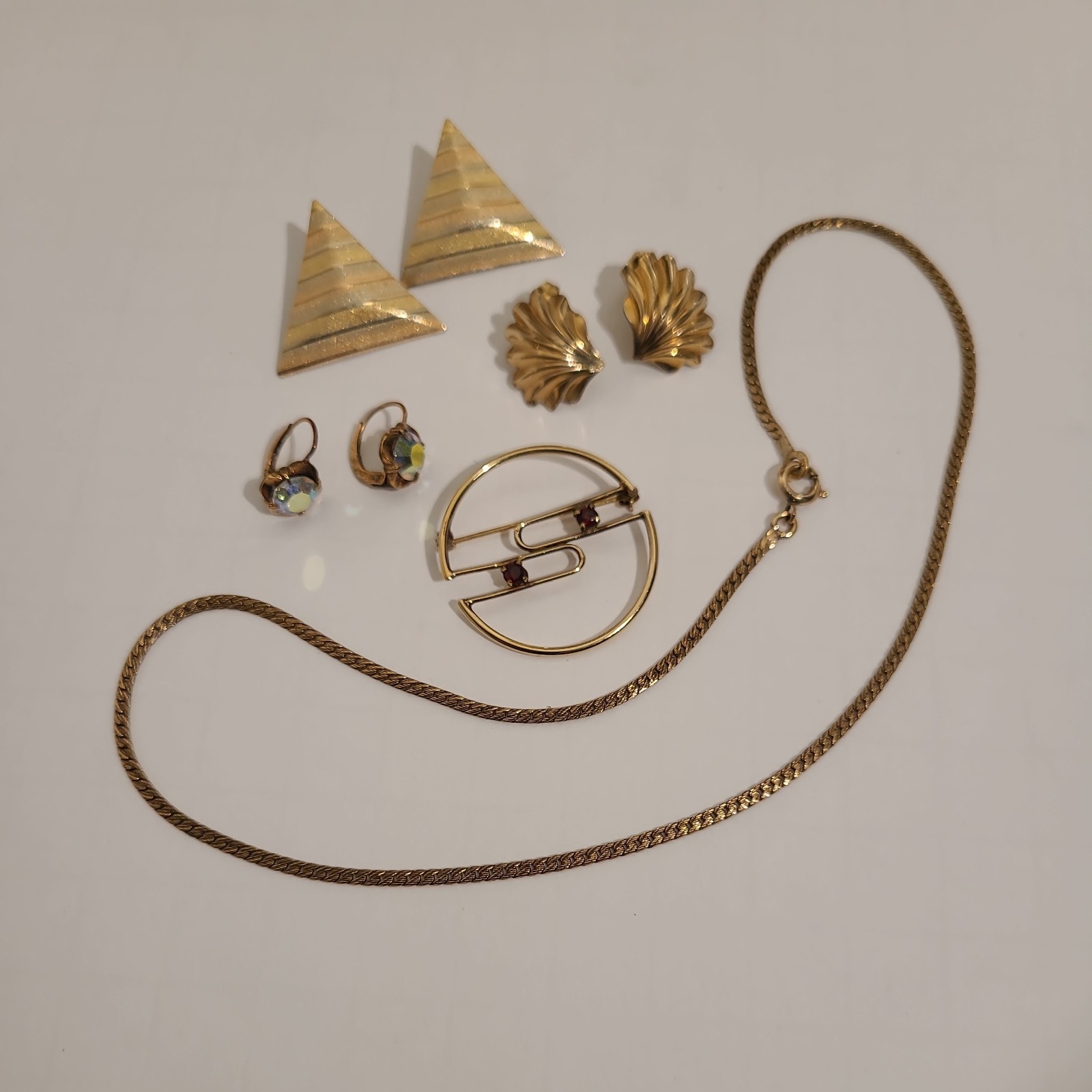 Vintage 14K GF Earrings, 12K GF Chain, Rolled Gold AB Earrings, 12K GF Brooch