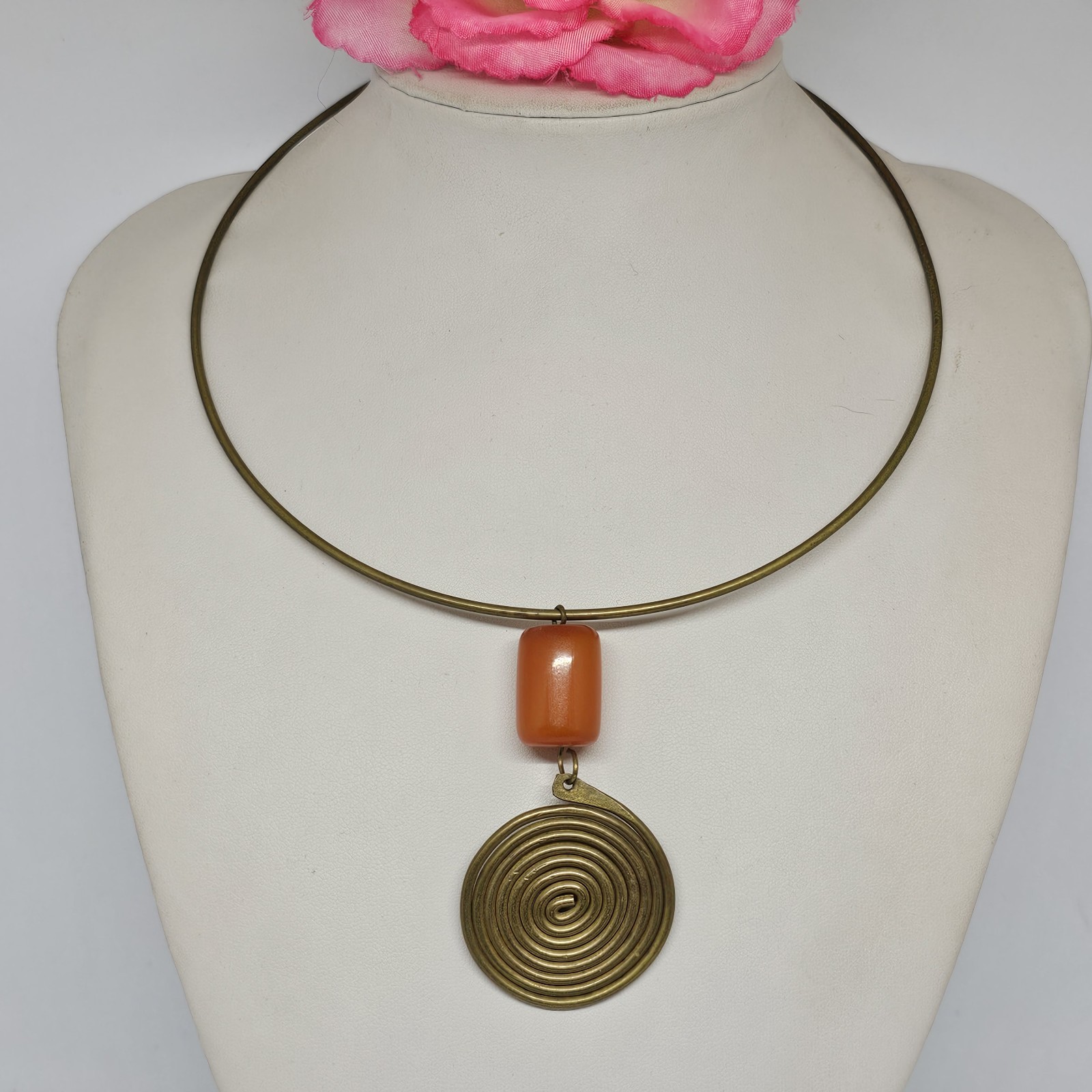 African Amber Brass Spiral Pendant Necklace Butterscotch Phenolic Resin Tribal