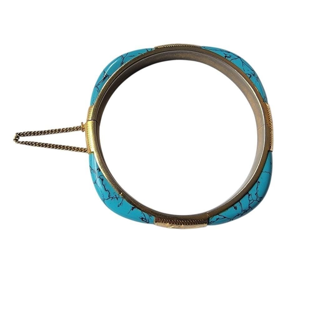 Vintage Faux Turquoise Hinged Bangle Bracelet Gold Tone Mid Century Size 6.5