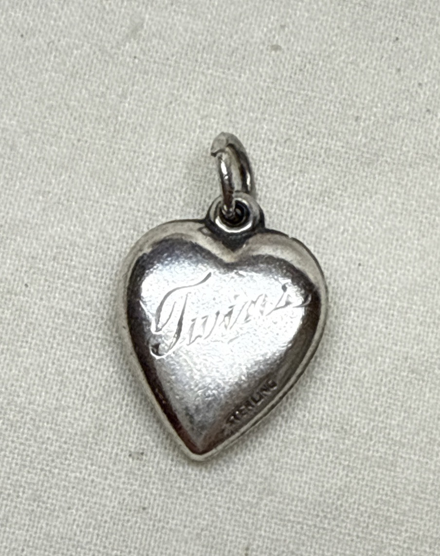 Victorian Era Vintage Sterling Silver Puffy Heart Charm Twin Hearts Flowers