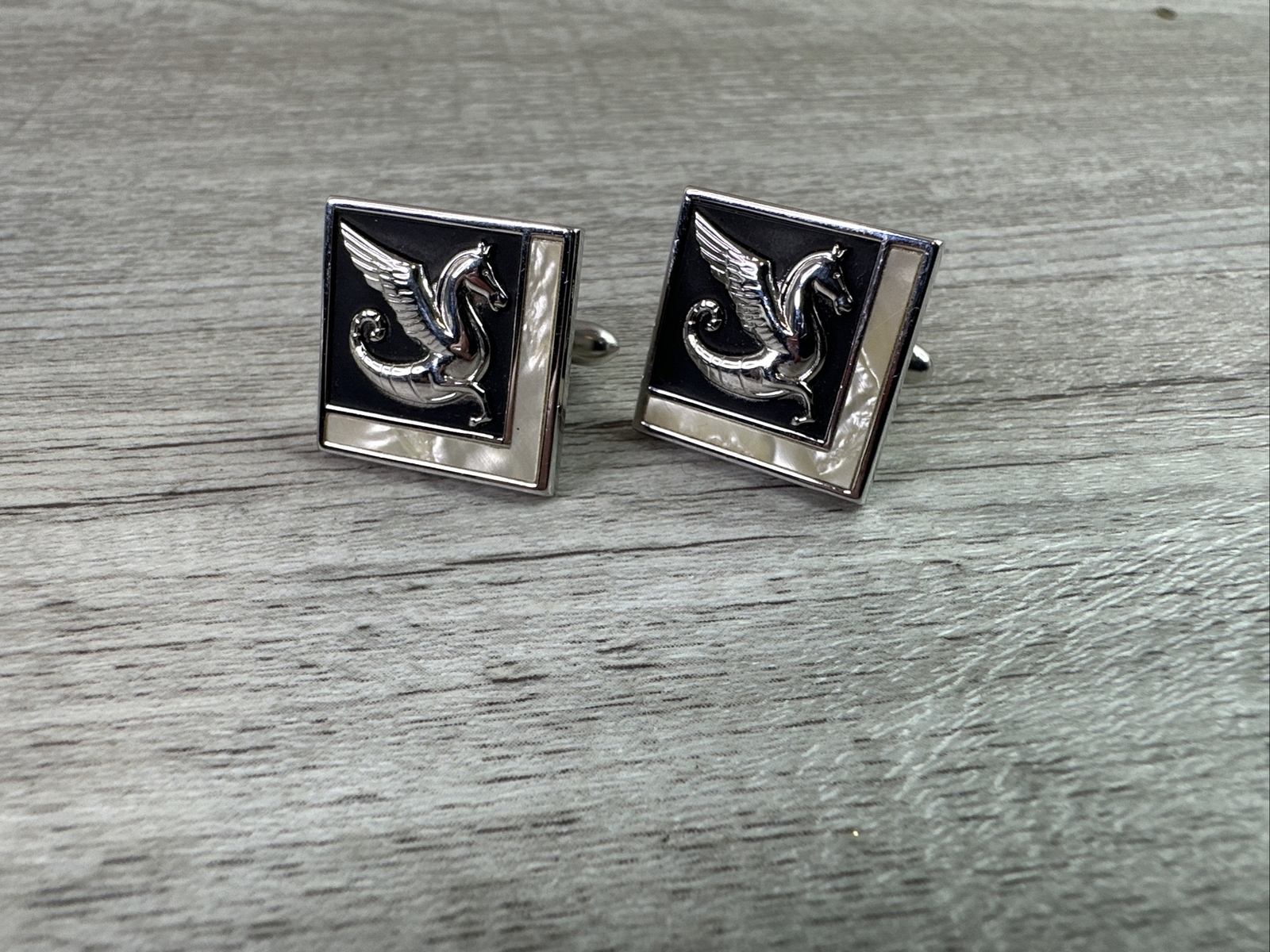 Vintage SWANK Cufflinks Square Silver Tone Black Dragon
