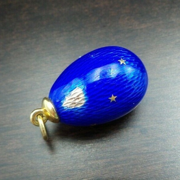 Soviet Era Russian 960 Silver & 18K Gold Blue Guilloche Enamel Egg Pendant