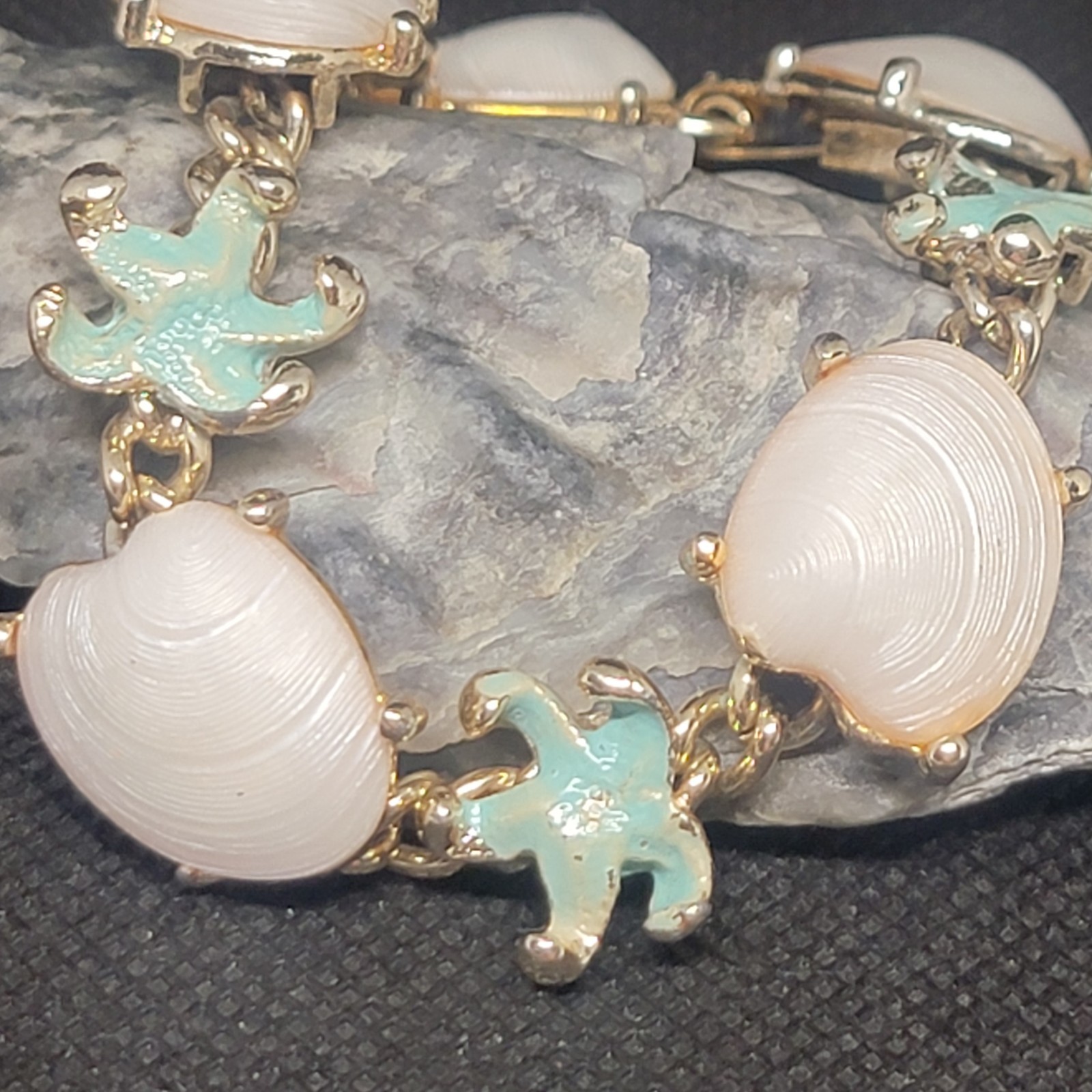 Vintage Bracelet Clip On Earrings Acrylic Shell Enameled Starfish Beach READ