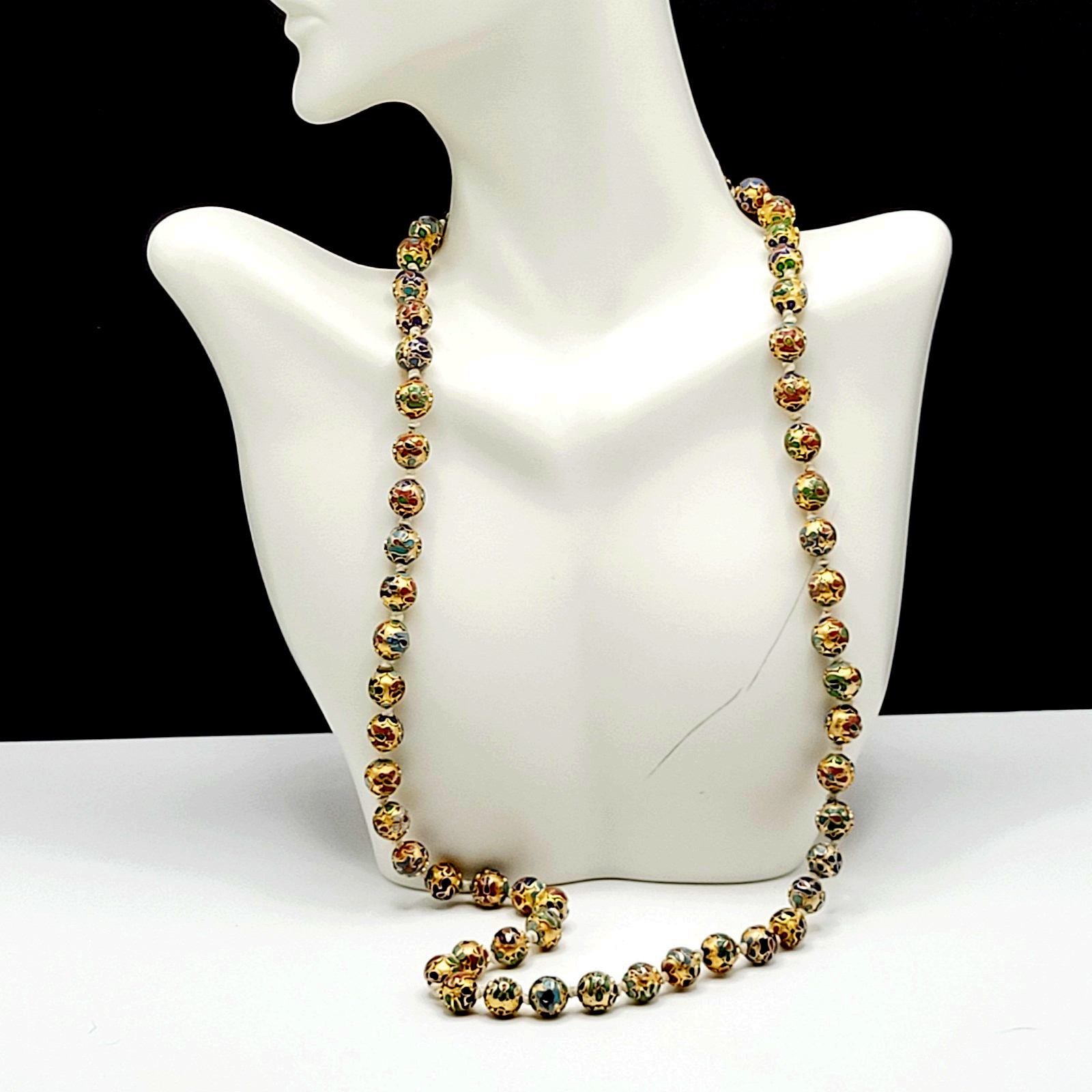 Chinese Cloisonné Floral Bead Hand Knot Circa 1930s Beaded Necklace 23 Inch