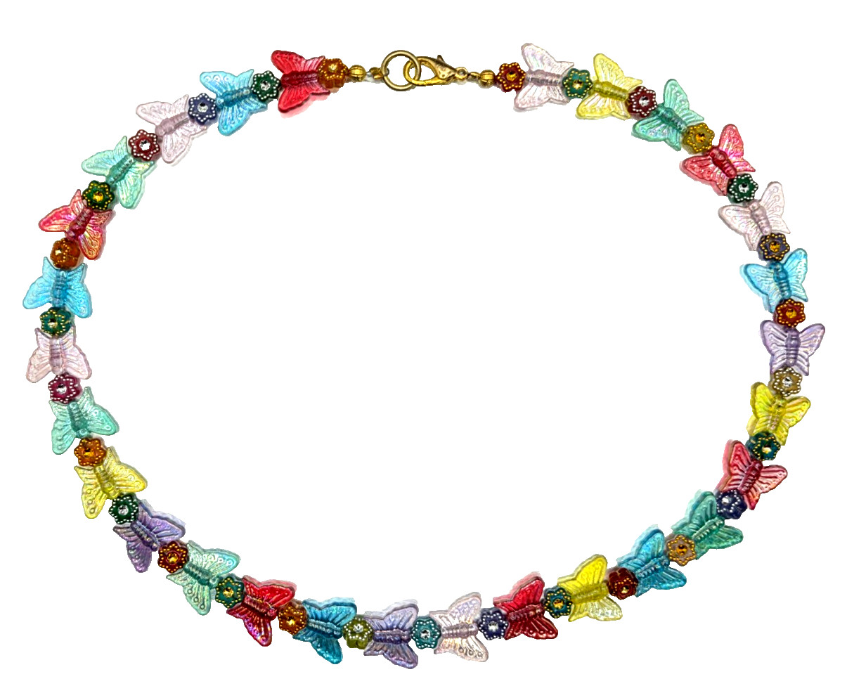 Vintage Cute Butterfly Multicolor Lucite Beaded Necklace 19″