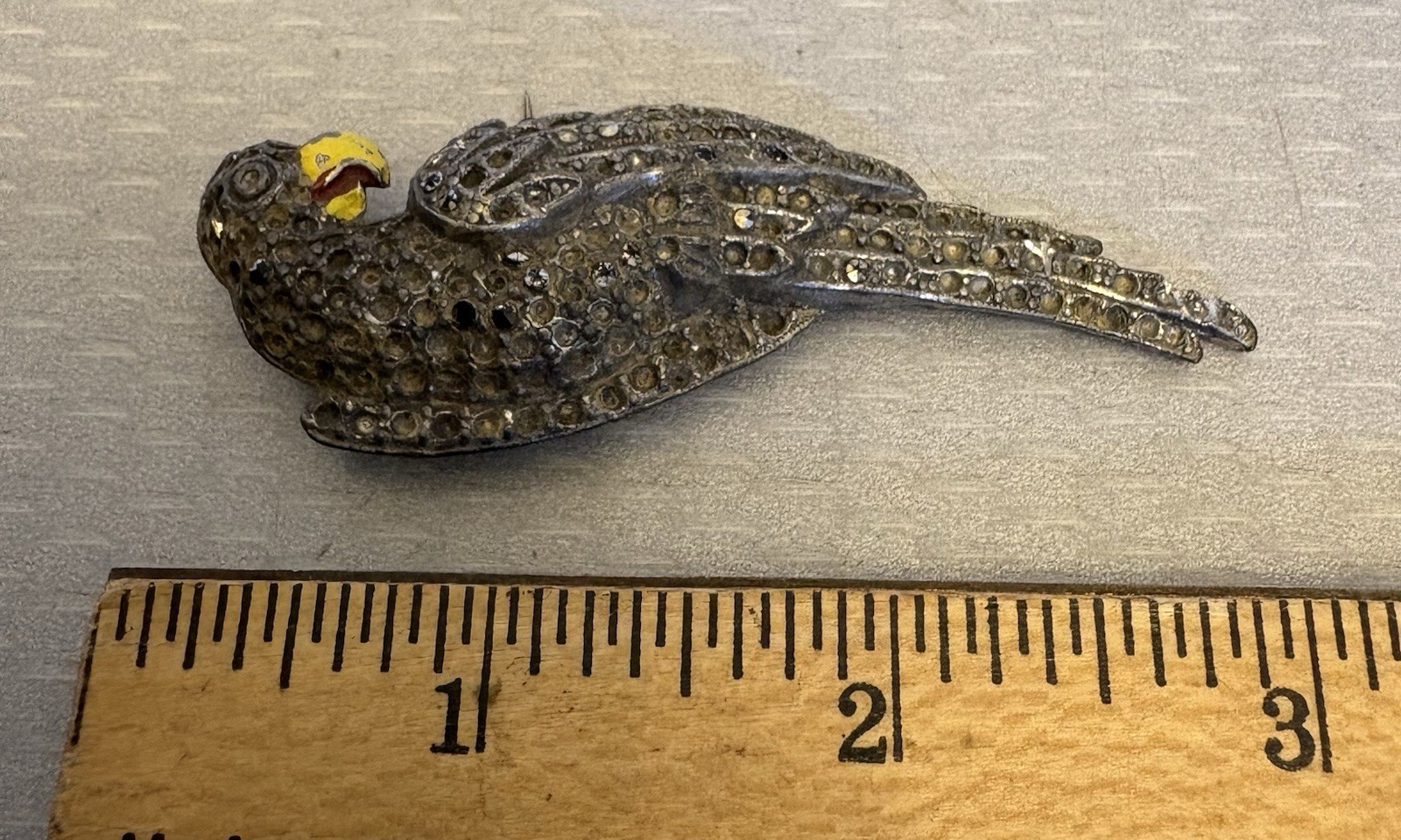 Old Vintage Pot Metal Parrot Bird Brooch Enamel Beak 3″ READ
