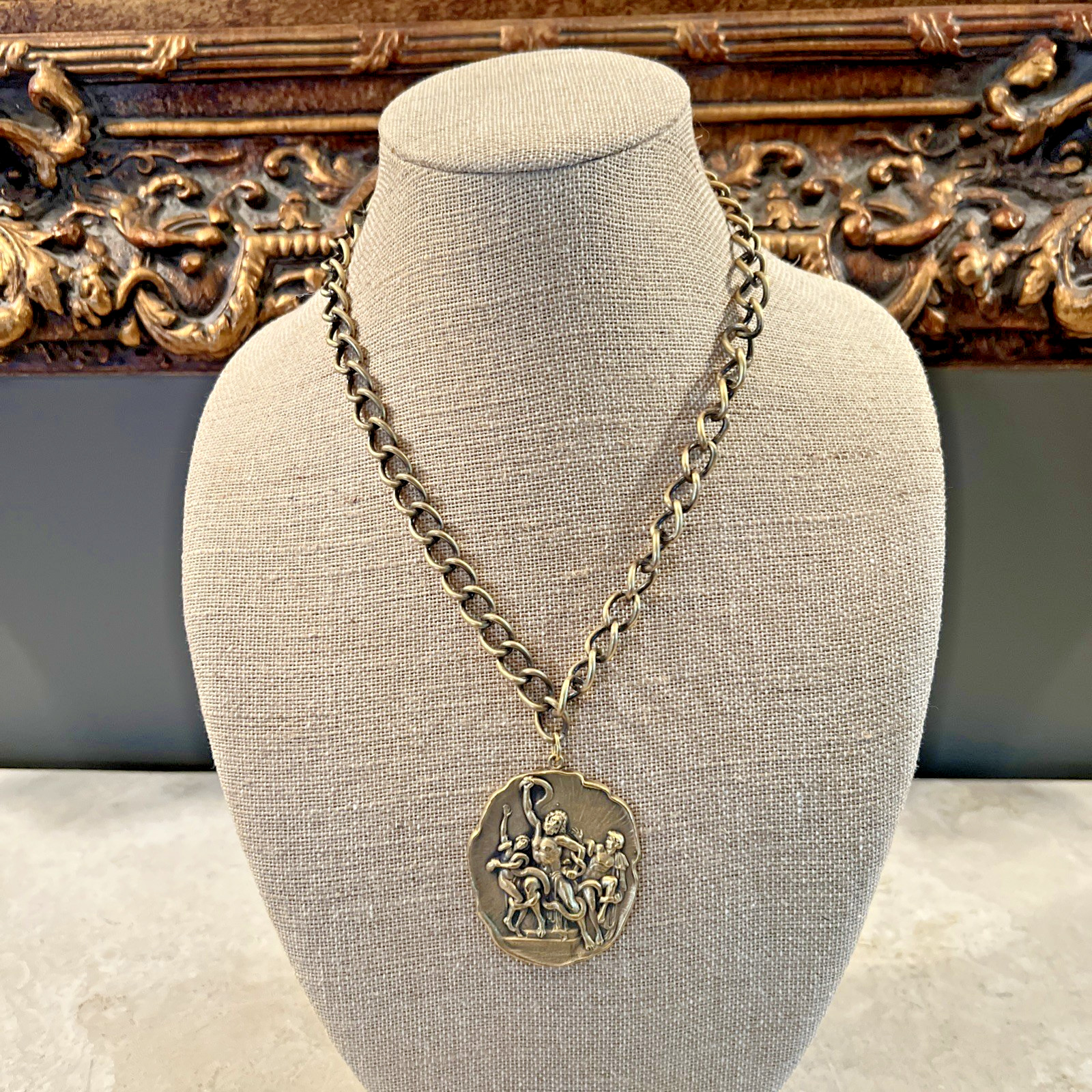 VTG 1960’s SIGNED JOSEFF of HOLLYWOOD MEDALLION NECKLACE / LAOCOON SERPENT