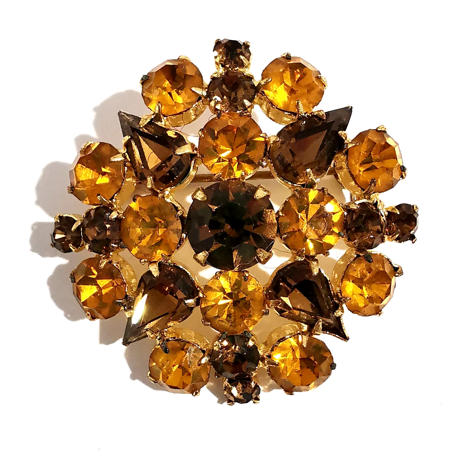Vintage Czech Brooch Yellow and Broun Faceted Glass Gilded Metal Pin Handmade