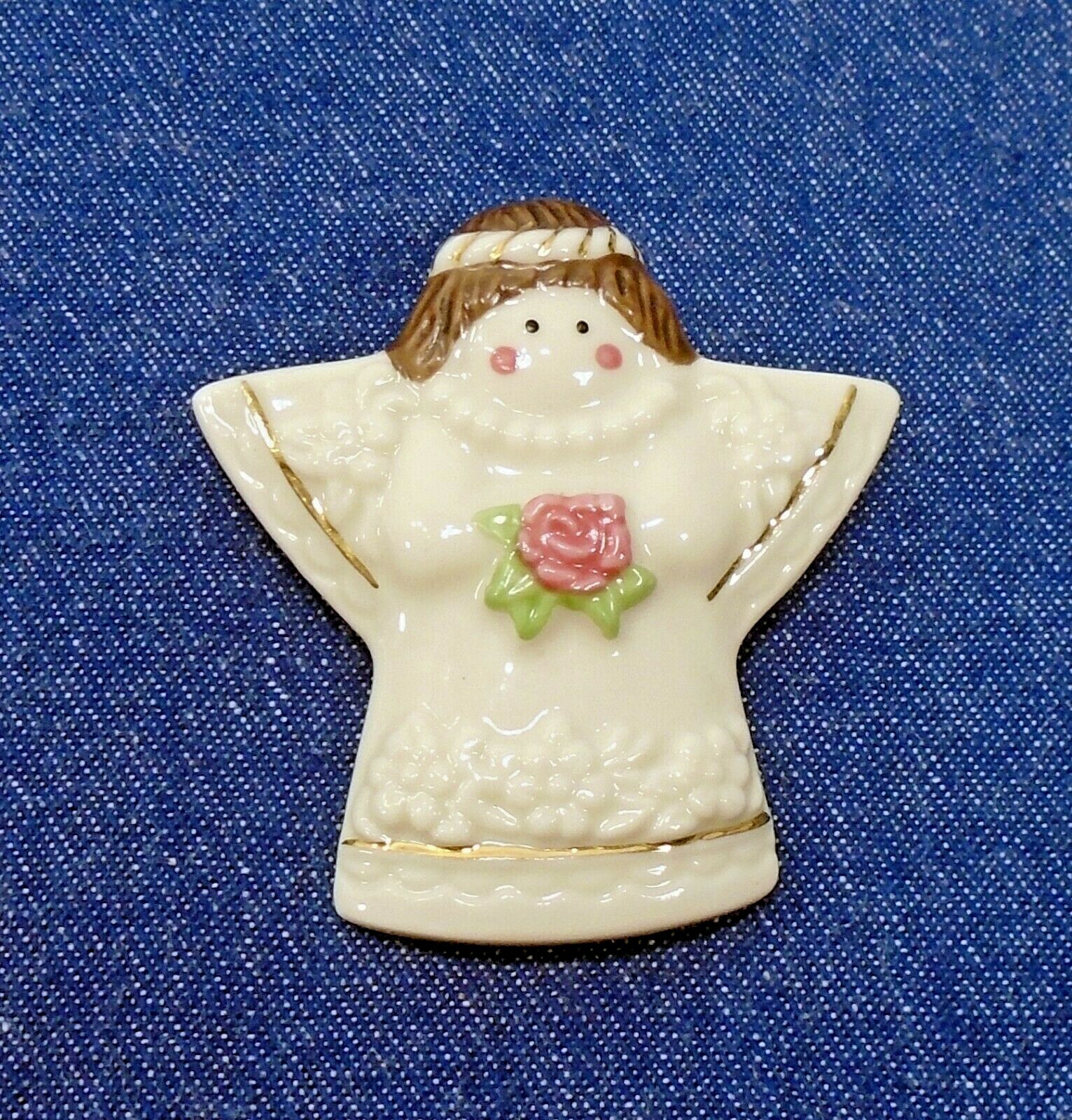 Pink Rose Ceramic China Brunette Angel Pin Brooch Gold Metallic Accents 2.25″