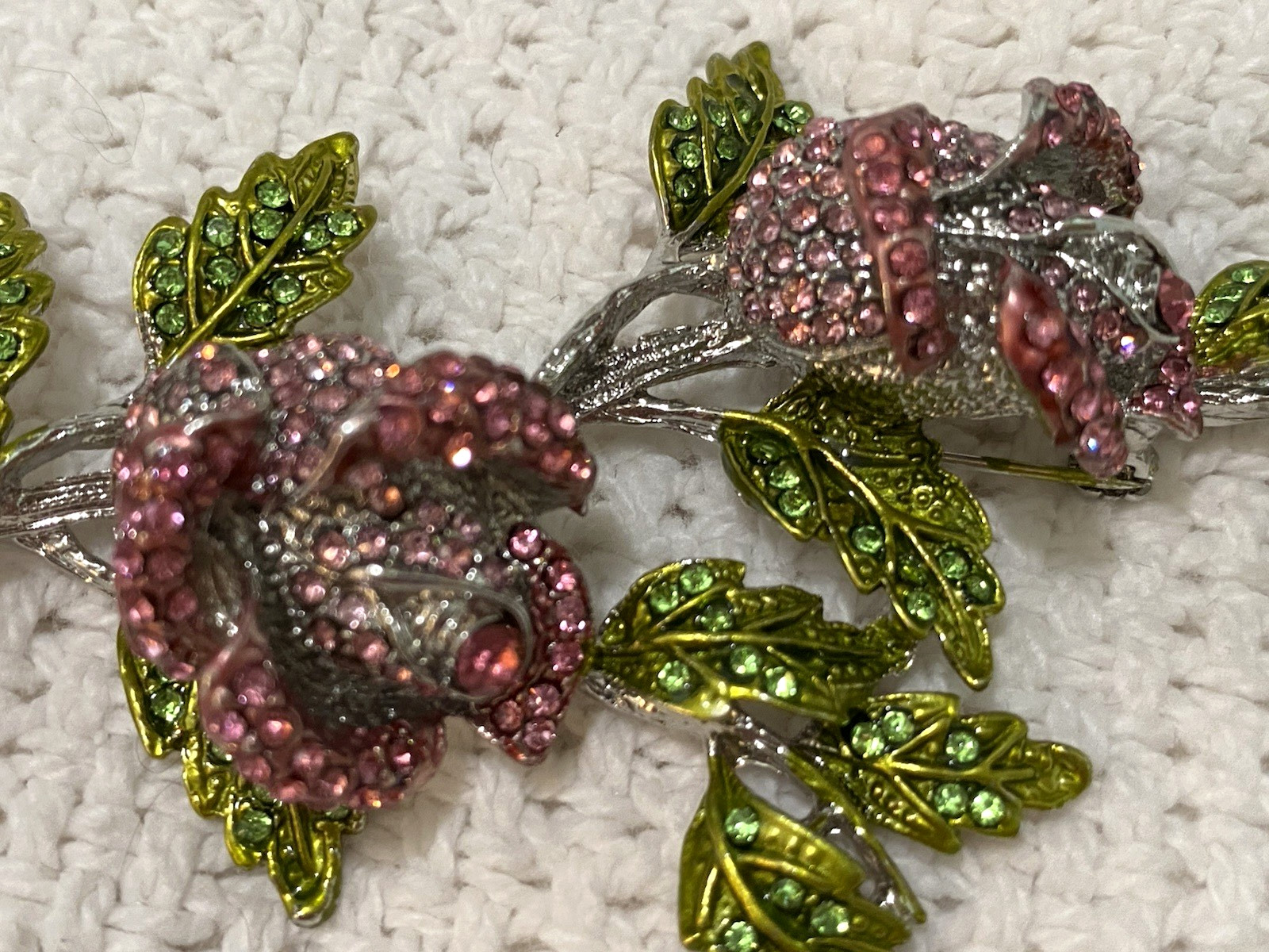 Stunning Large Vintage Pink And Green Sparkling Stones Flower Brooch