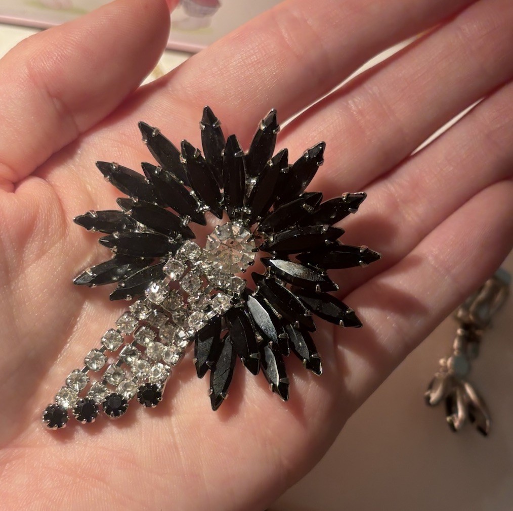 Vintage Black & Clear Marquise Rhinestone Brooch & Clip-On Earrings Set