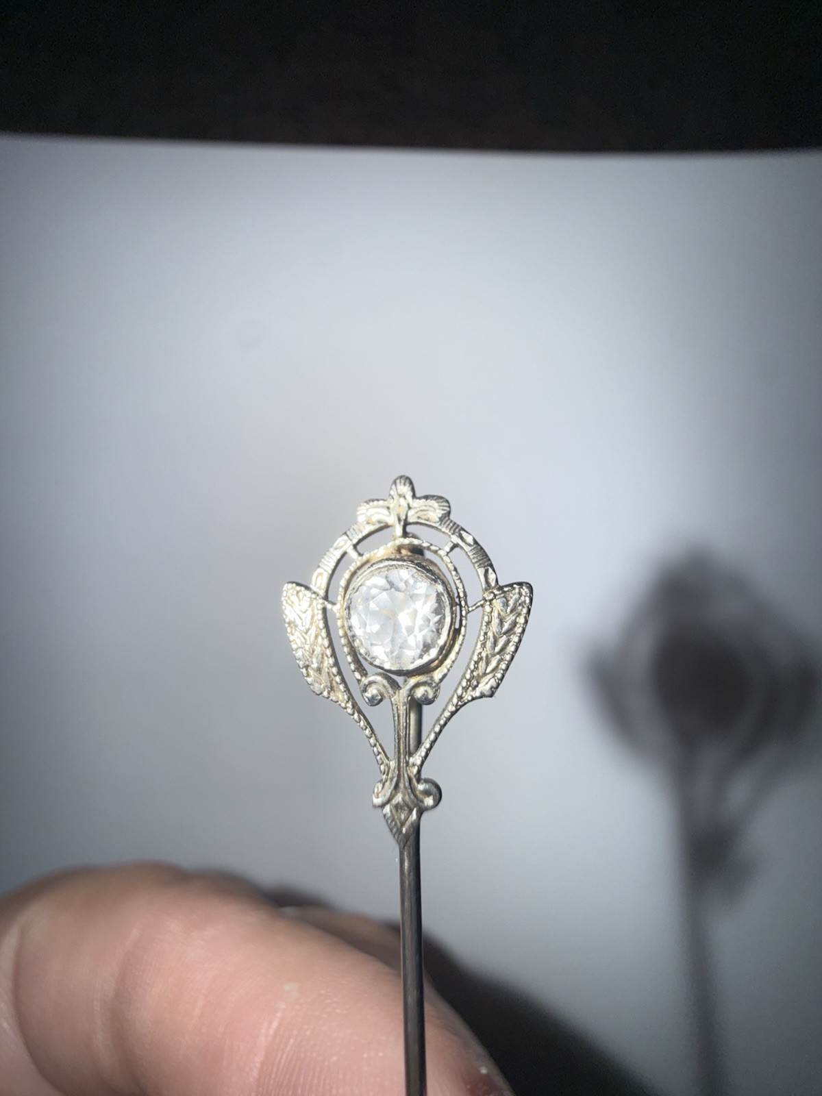 Antique Edwardian 10K Solid White Gold Colorless Topaz Stickpin