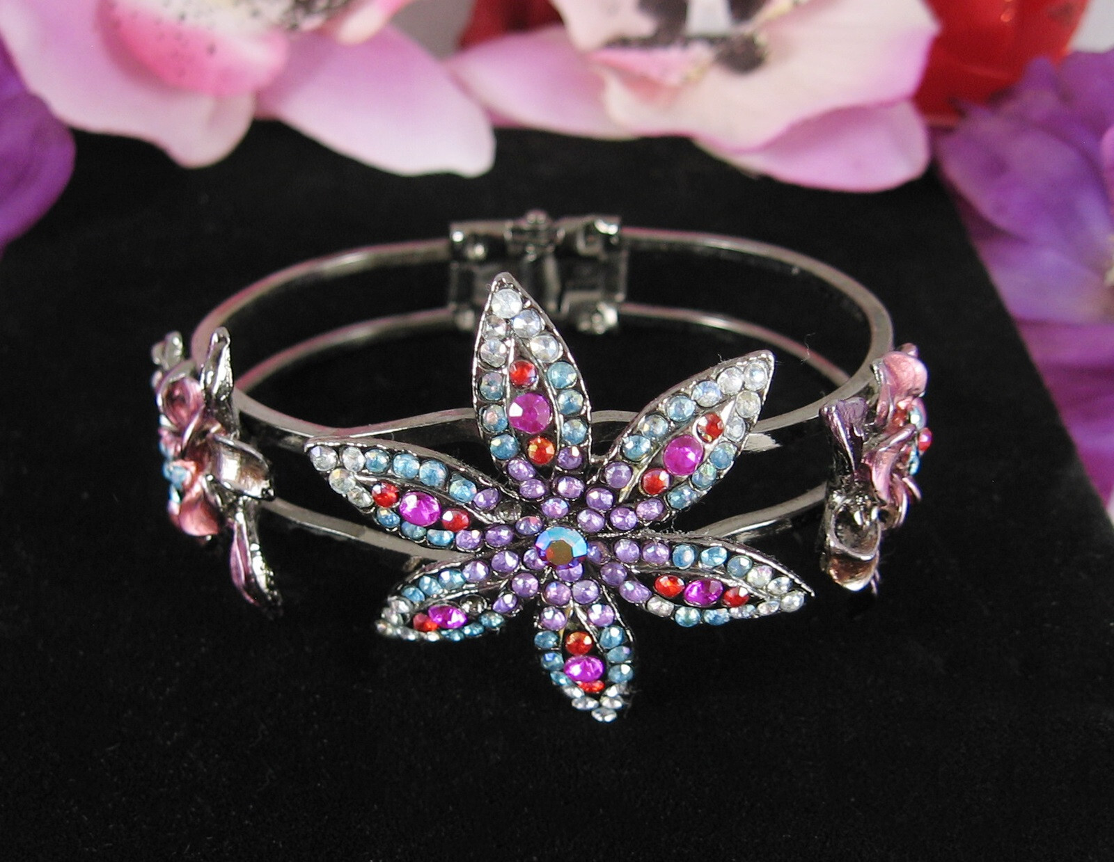 Color RHINESTONE CLAMPER BRACELET Vintage Flowers Pink Purple Gunmetal Gray