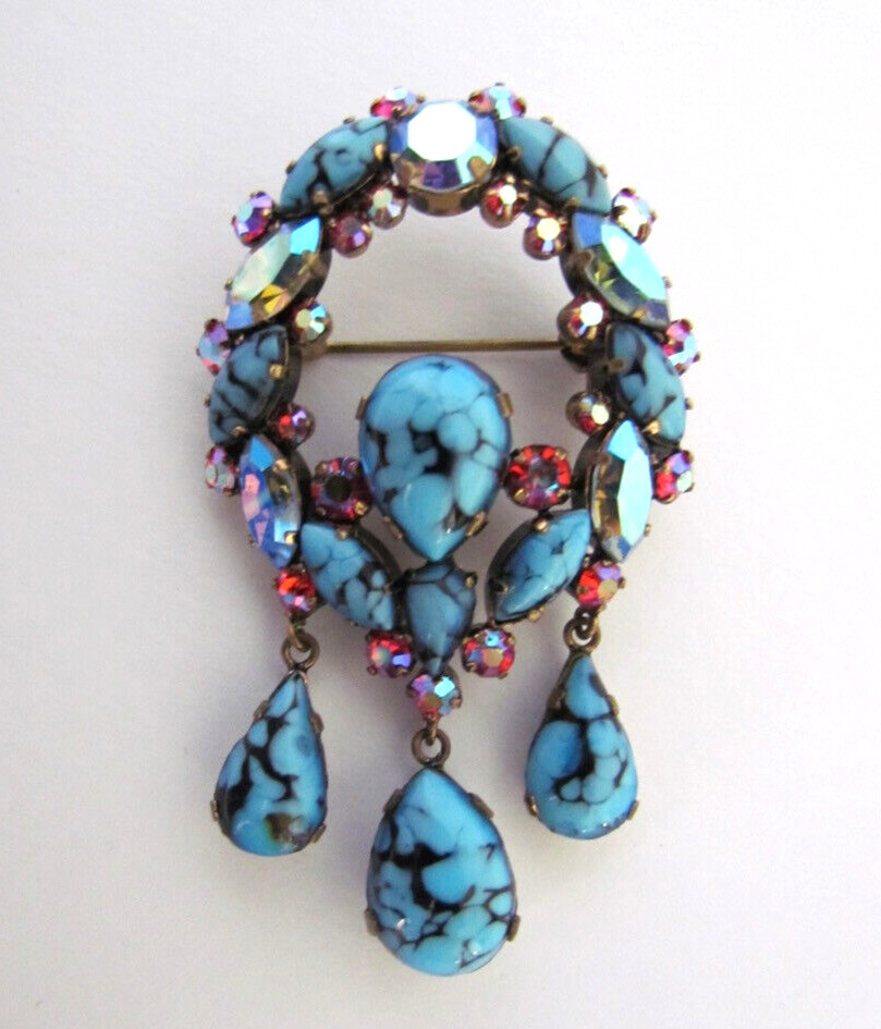 Vintage Austrian Art Glass Dangle Brooch Cabachon Rhinstones Blue Pink Rare