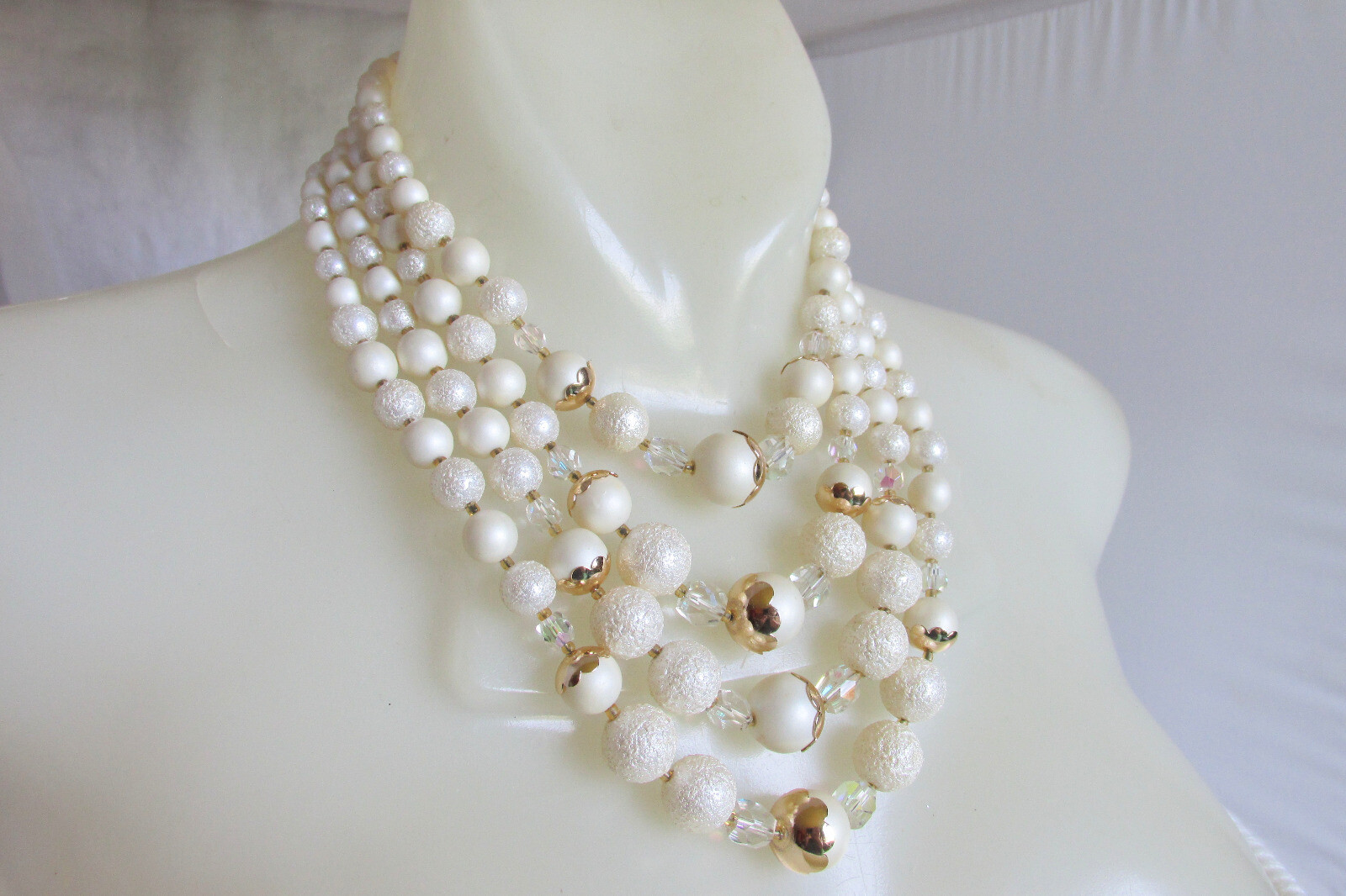 Cream AB Crystal Beads Bib Choker Necklace Textured Satin Vintage Retro JAPAN