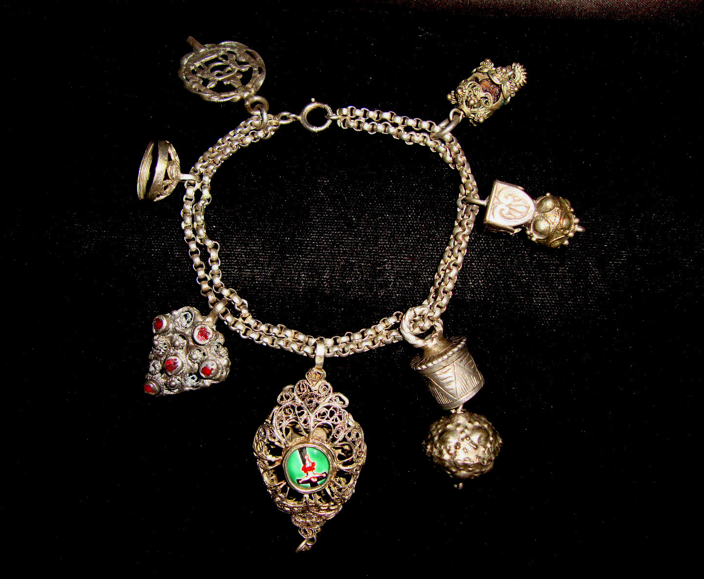 Sterling Silver Etruscan Bali Filigree Fob Charm Rolo Link Double Chain Bracelet