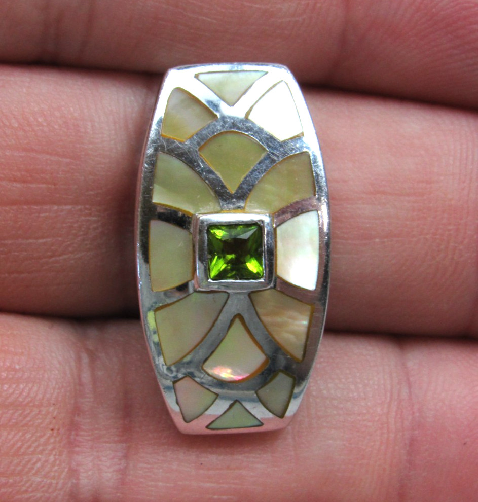 Vtg Sterling Silver Mother of Pearl Inlay Pendant Green Stone Glass? Peridot?
