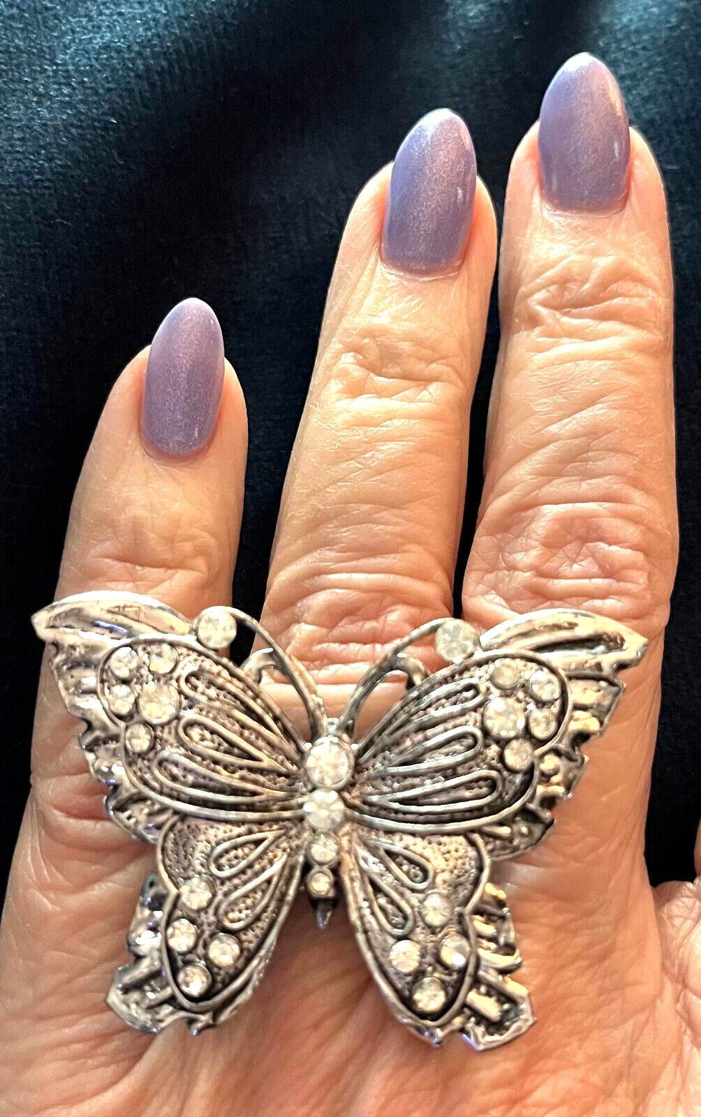 Vintage Silver & Rhinestone Butterfly Ring (Expanding Sz 6 – 7 1/2)