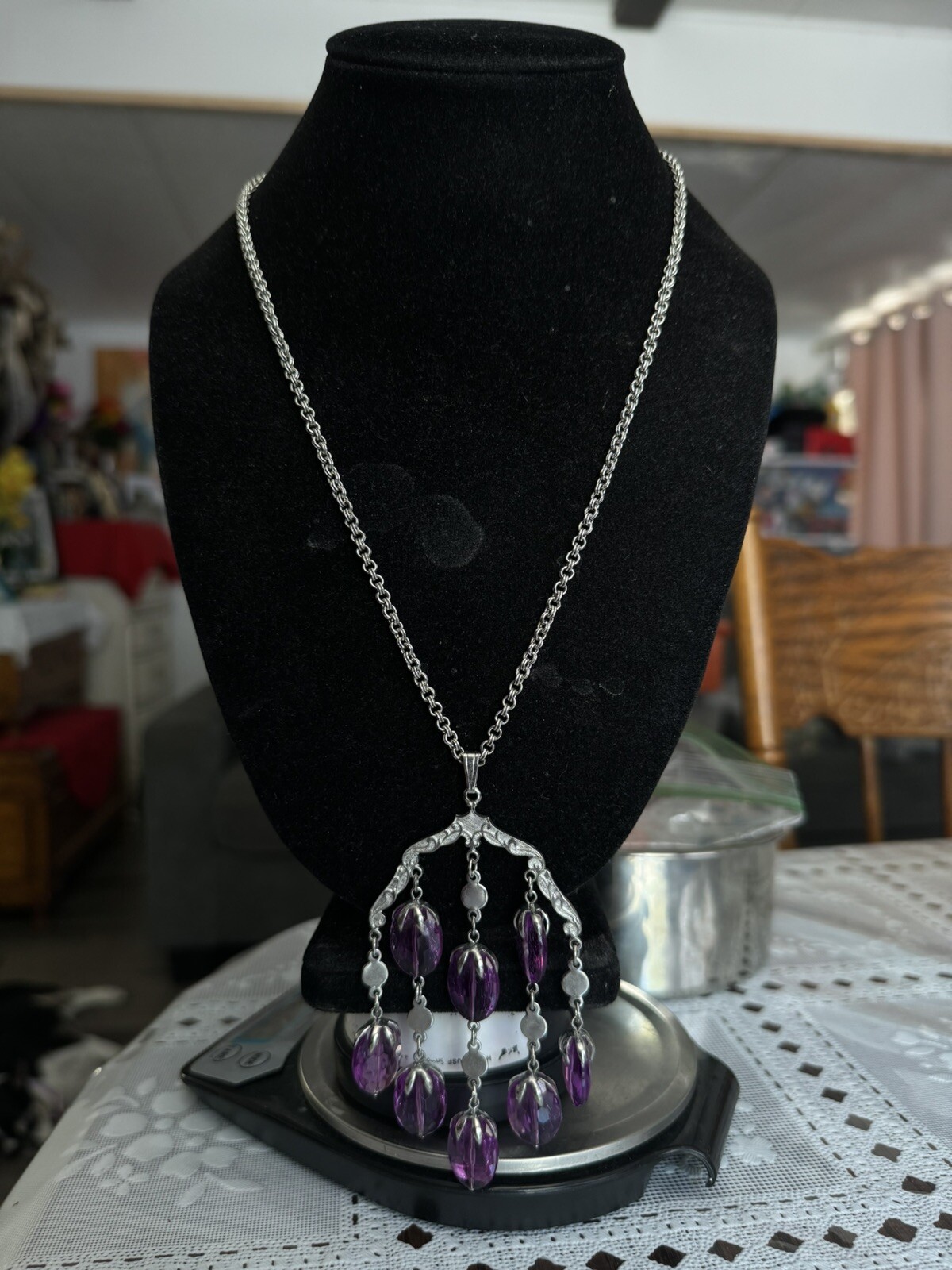 Vintage SARAH COV. silver TONE Rolo Chain&purple Chandelier Pendant Necklace