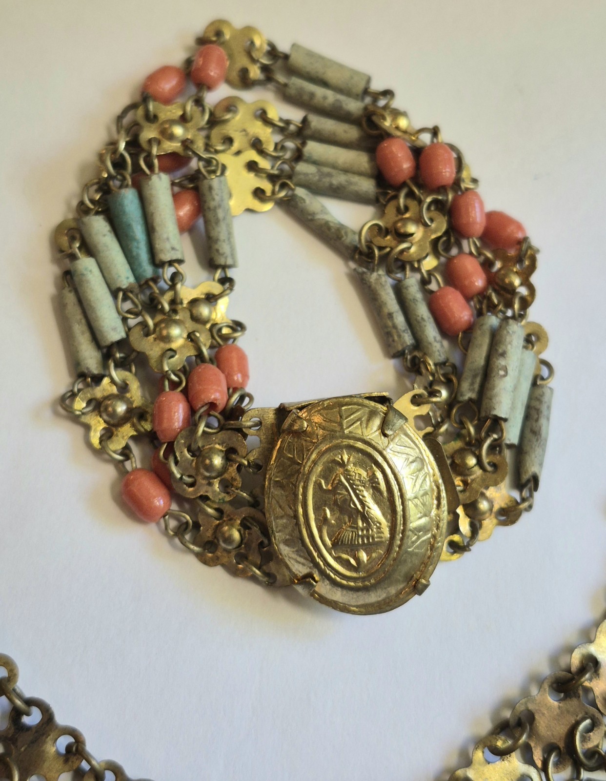Vintage Egyptian Revival Faience Style Bib Necklace & Bracelet Brass Tone READ
