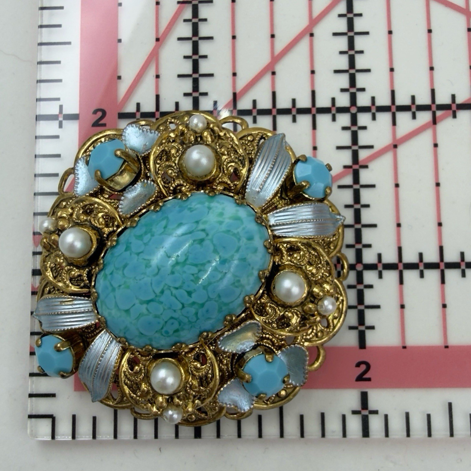 Vintage SIGNED 🖤 Western W Germany 🖤 Gold FILIGREE Turquoise Enamel BROOCH PIN