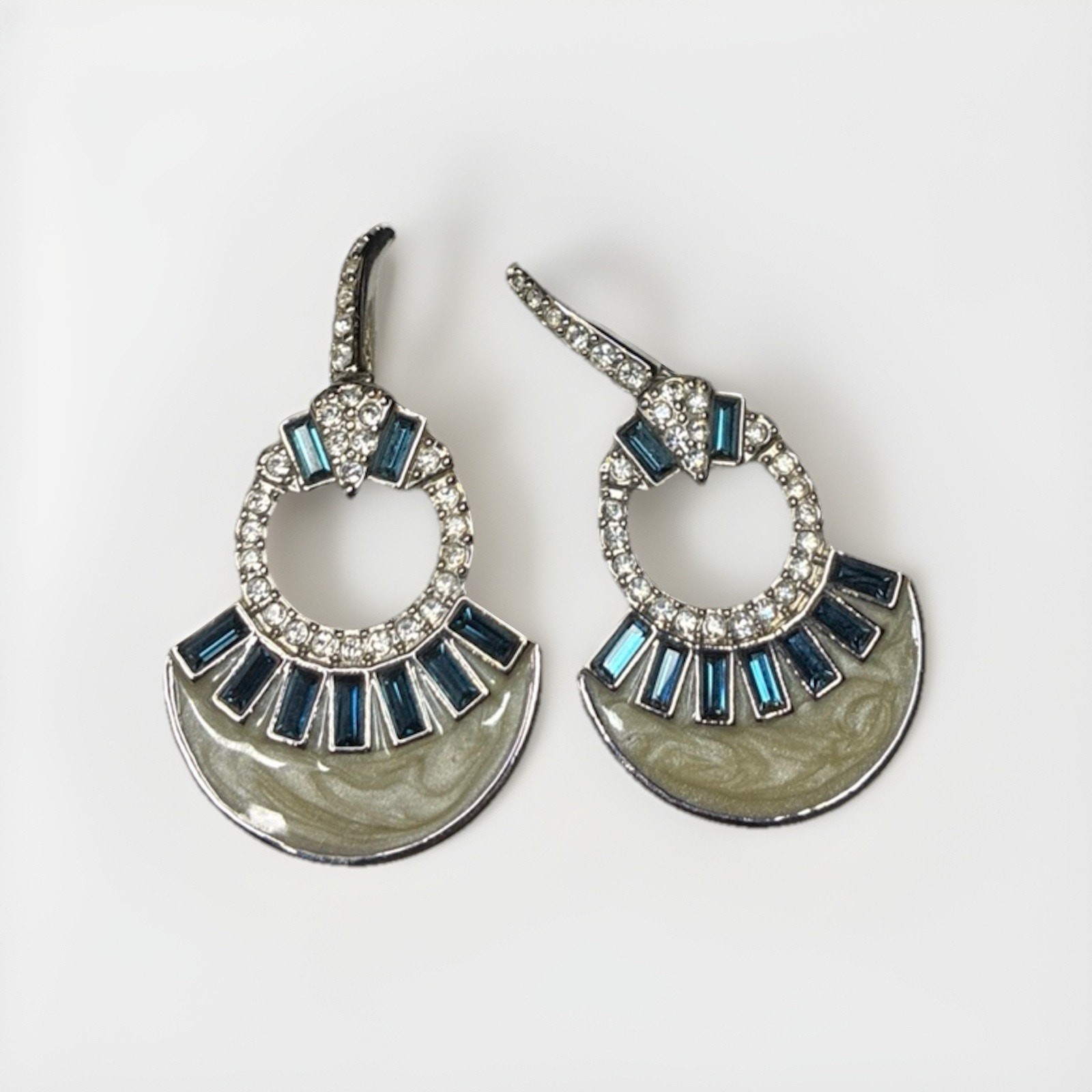 Leah Sophia Art Deco Style Earrings, Signed, silver And Royal blue rhinestones.