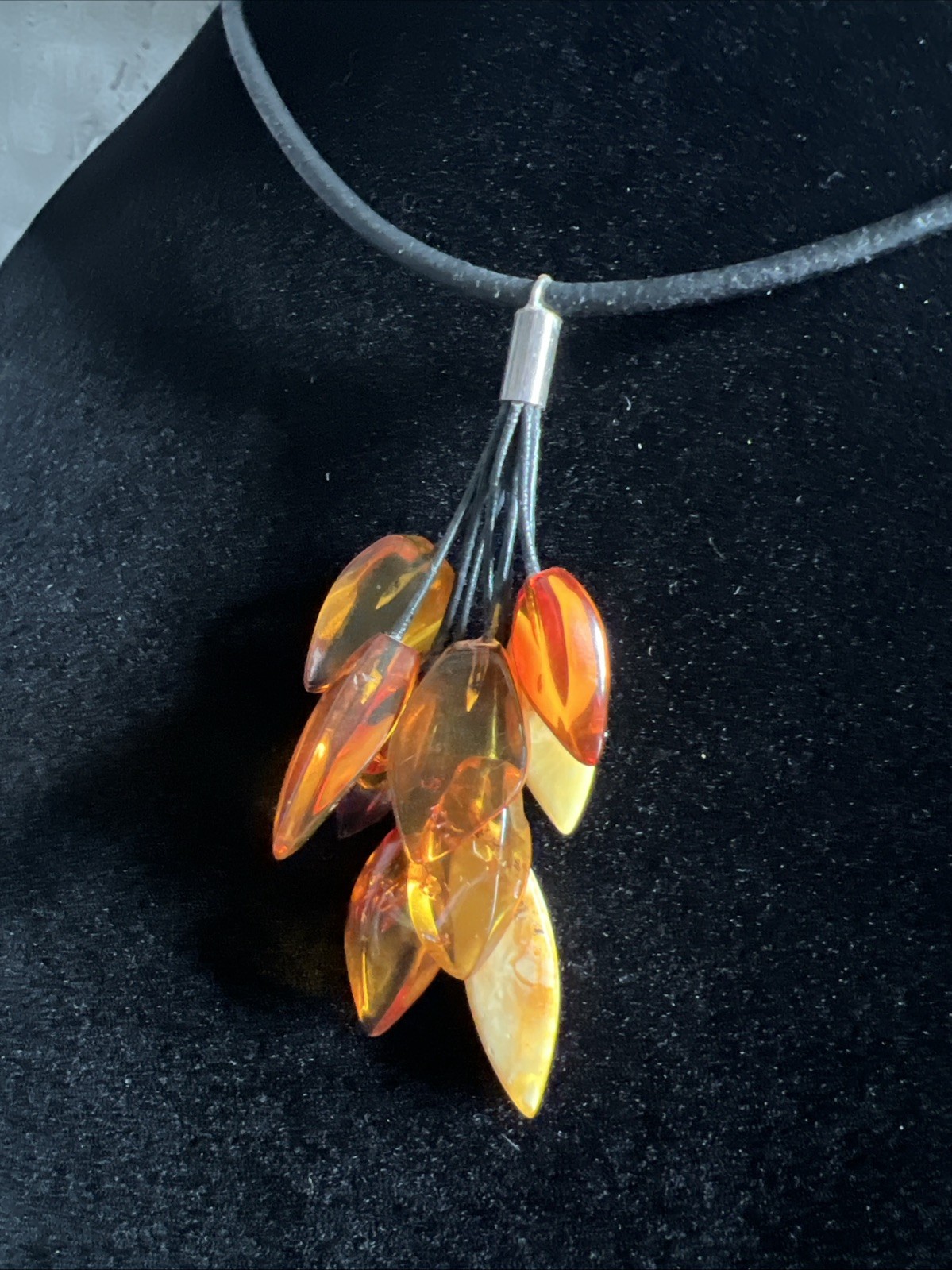 Vintage Amber Black Leather Cord Necklace Sterling Silver Clasp 16 Inch