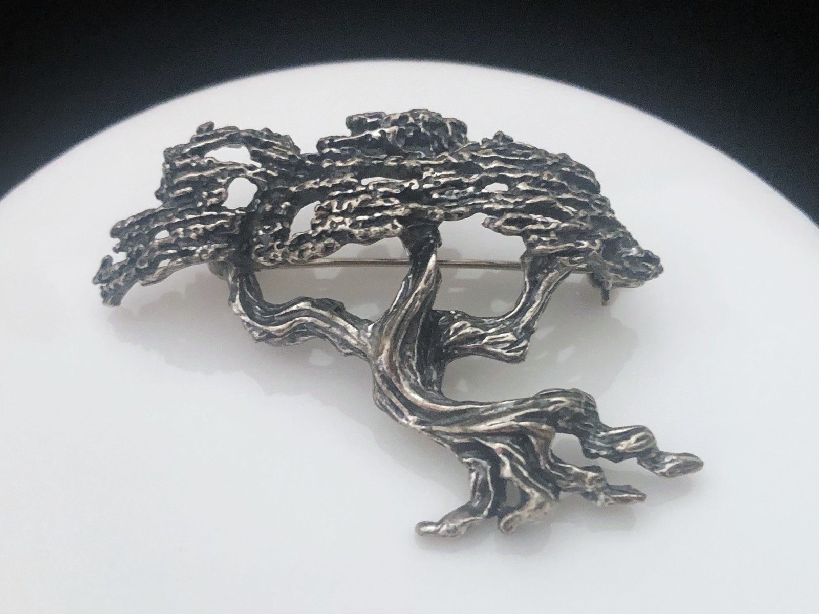 Vintage Signed ZENTALL Silver Tone Monterey Cypress Bonsai Tree Brooch Pin