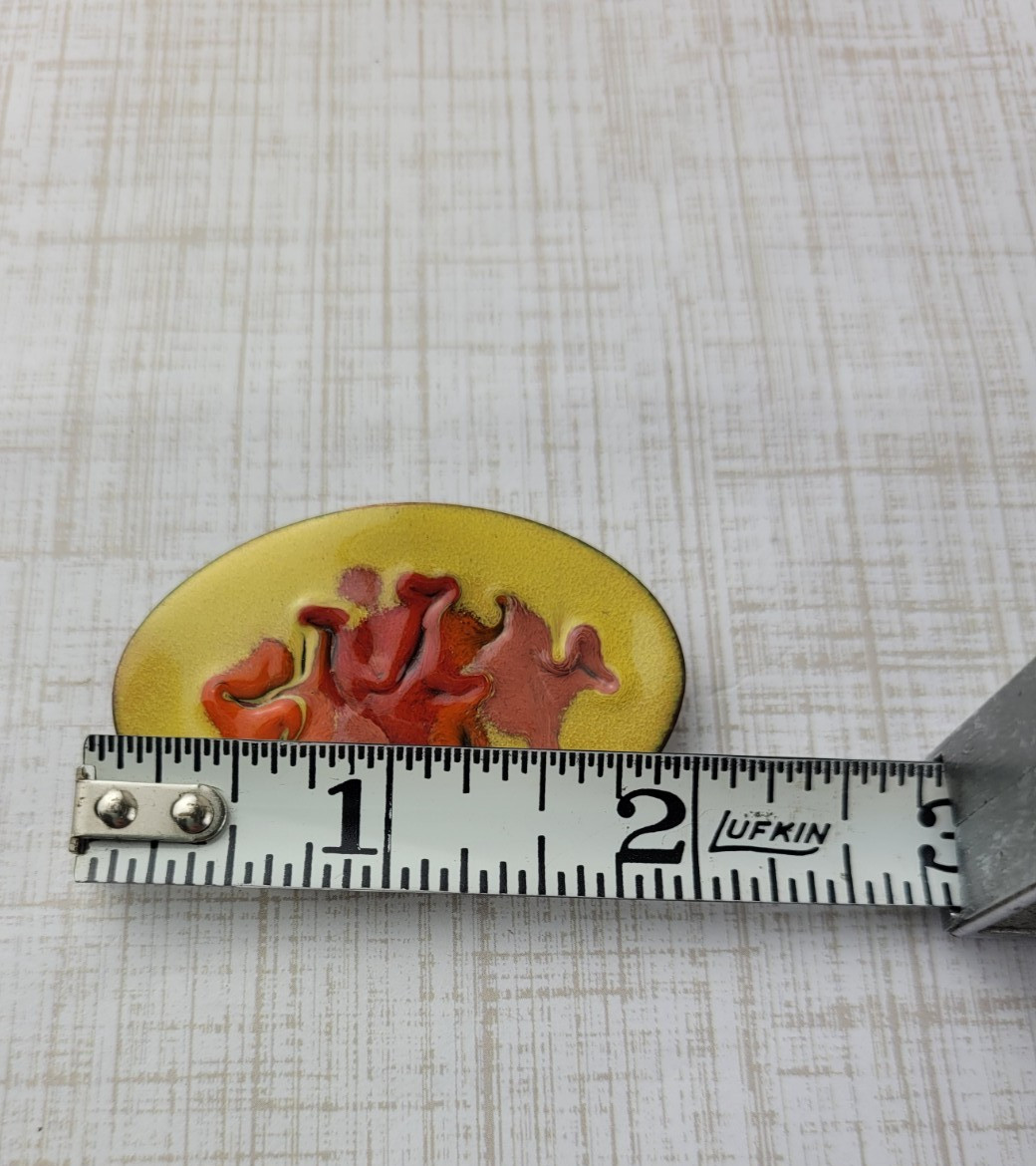 Vintage Copper Enamel Oval Brooch Fall Colors Yellow Orange Brown 2″