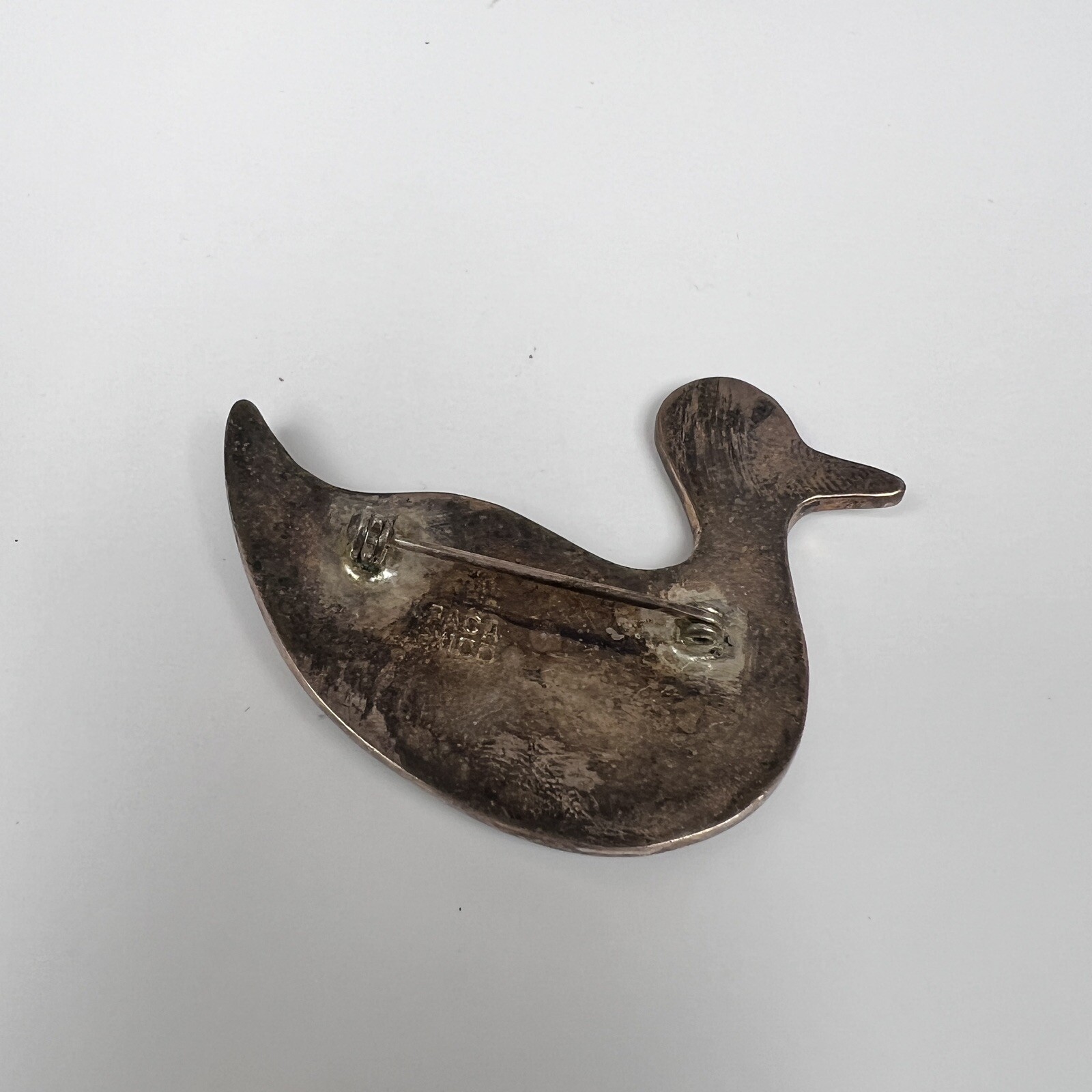 Old Vintage ALPACA MEXICO Duck Decoy Brooch Abalone Black Enamel&Shell Silver