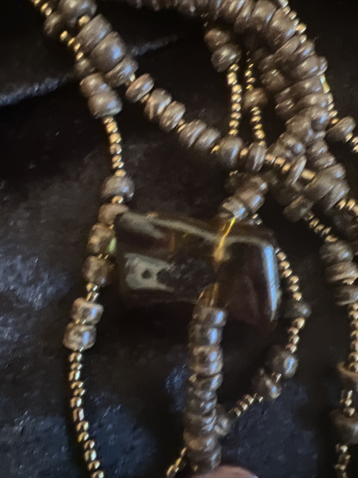 1946 Brand Brown Gold Color Lucite MOP And Wood Bead Multilayer Necklace Vtg