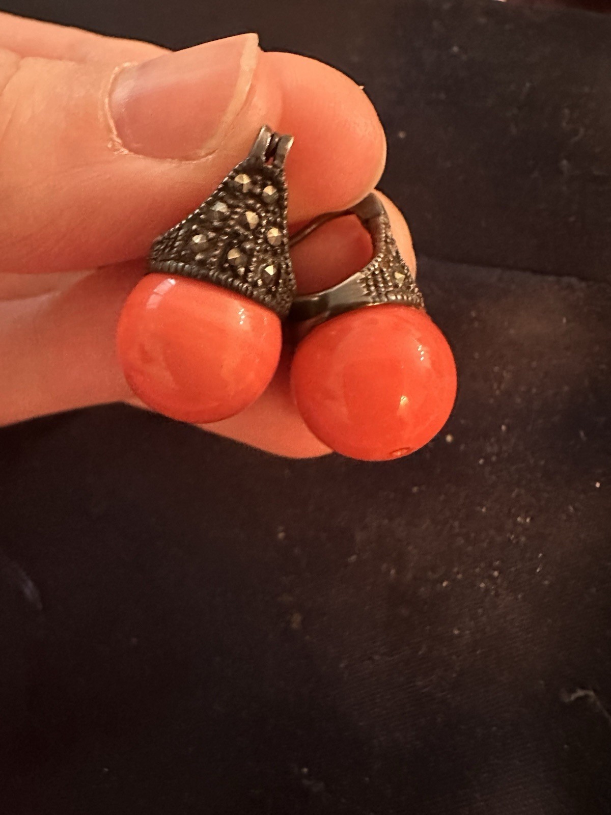 ART DECO STERLING SALMON CORAL BEAD MARCASITE HUGGIE LEVERBACK EARRINGS