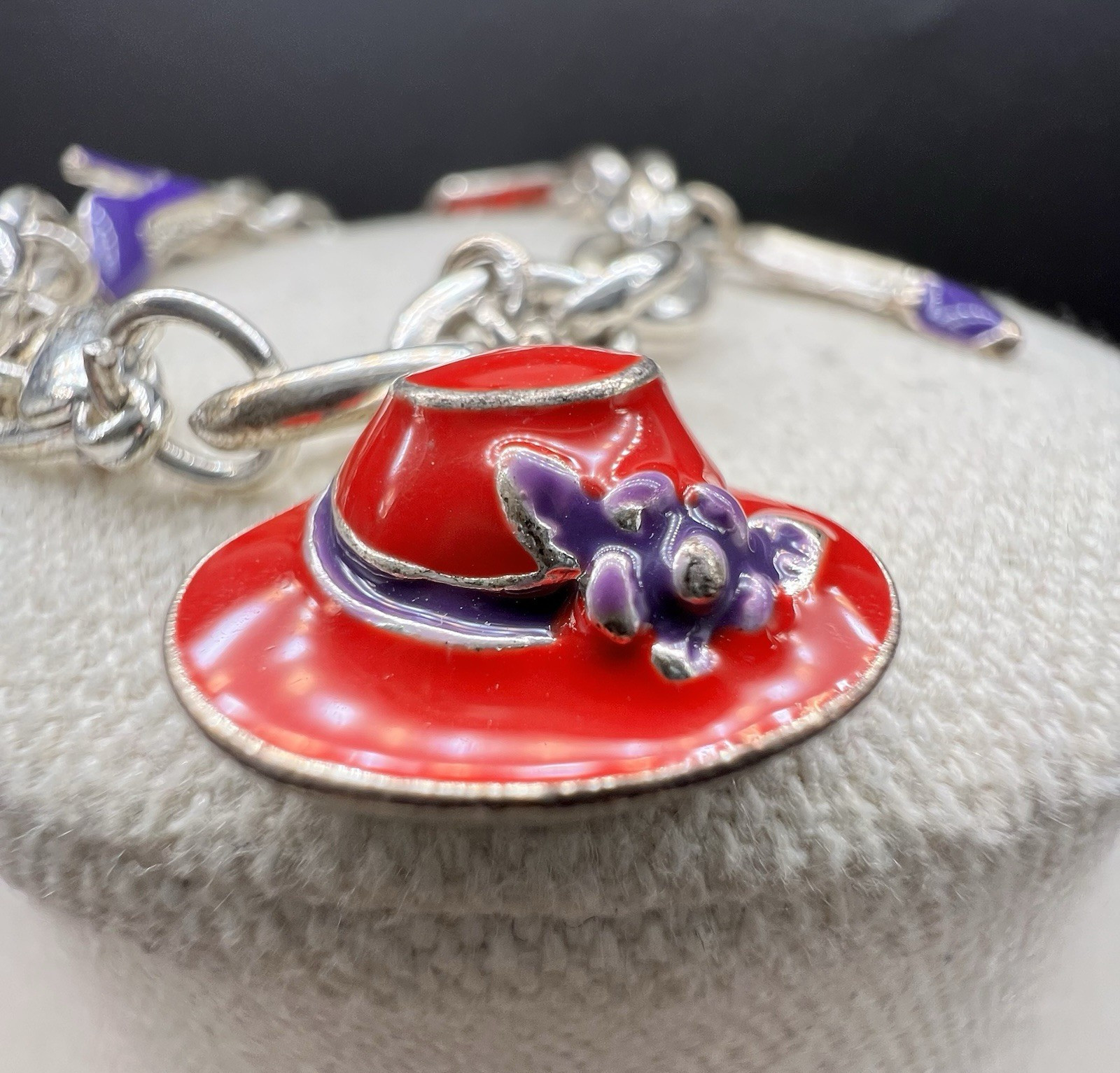 Vintage Enamel Charm Bracelet Purse Hat High Heel Shoes Silver Tone Fashion