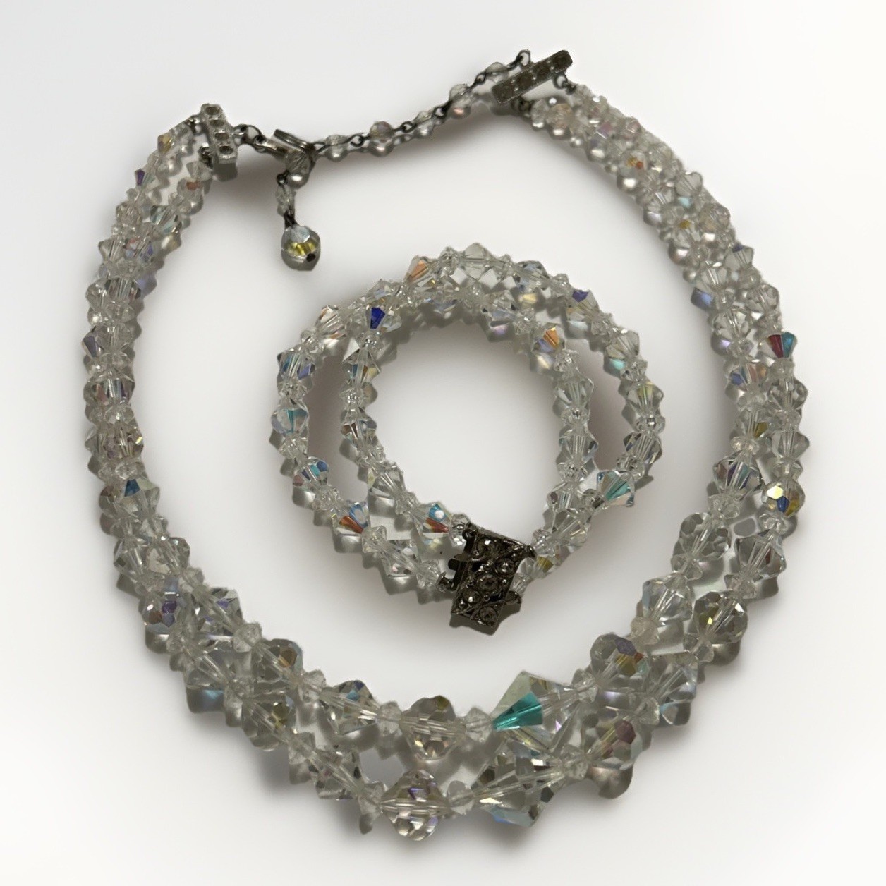 Gorgeous Vtg Set La Roco Crystal Cut Bead 2 Strand Necklace & Bracelet Signed