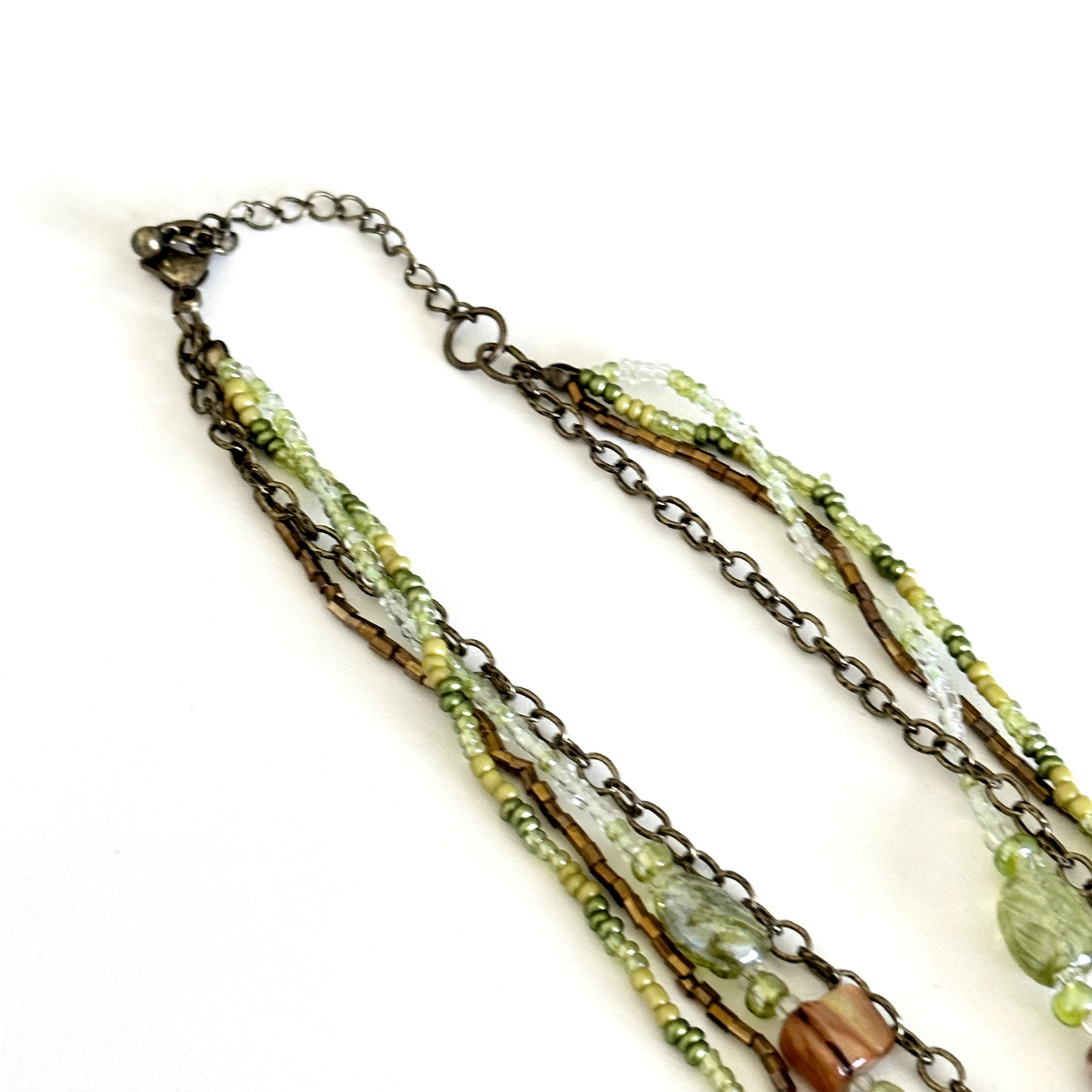 Ladies Green Mother Of Pearl Multicolor Glass Multi Strand Flower Necklace 19″