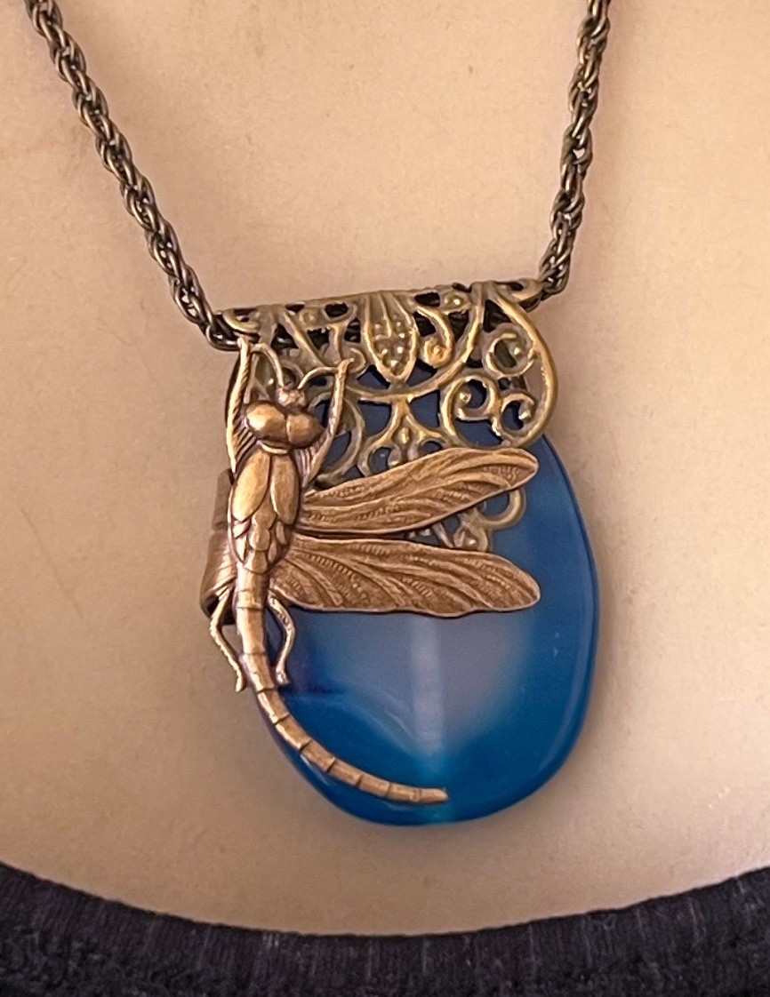Dragonfly Necklace Art Nouveau Brass Damselfy Wrapped Blue Agate Pendant