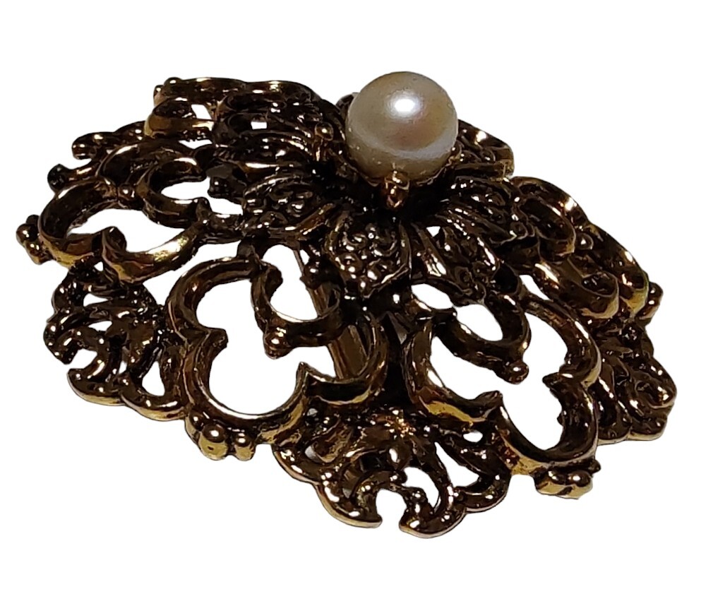 Tacoa Brooch Pin Faux Pearl Floral Filigree Gold Tone Raised Relief Vintage